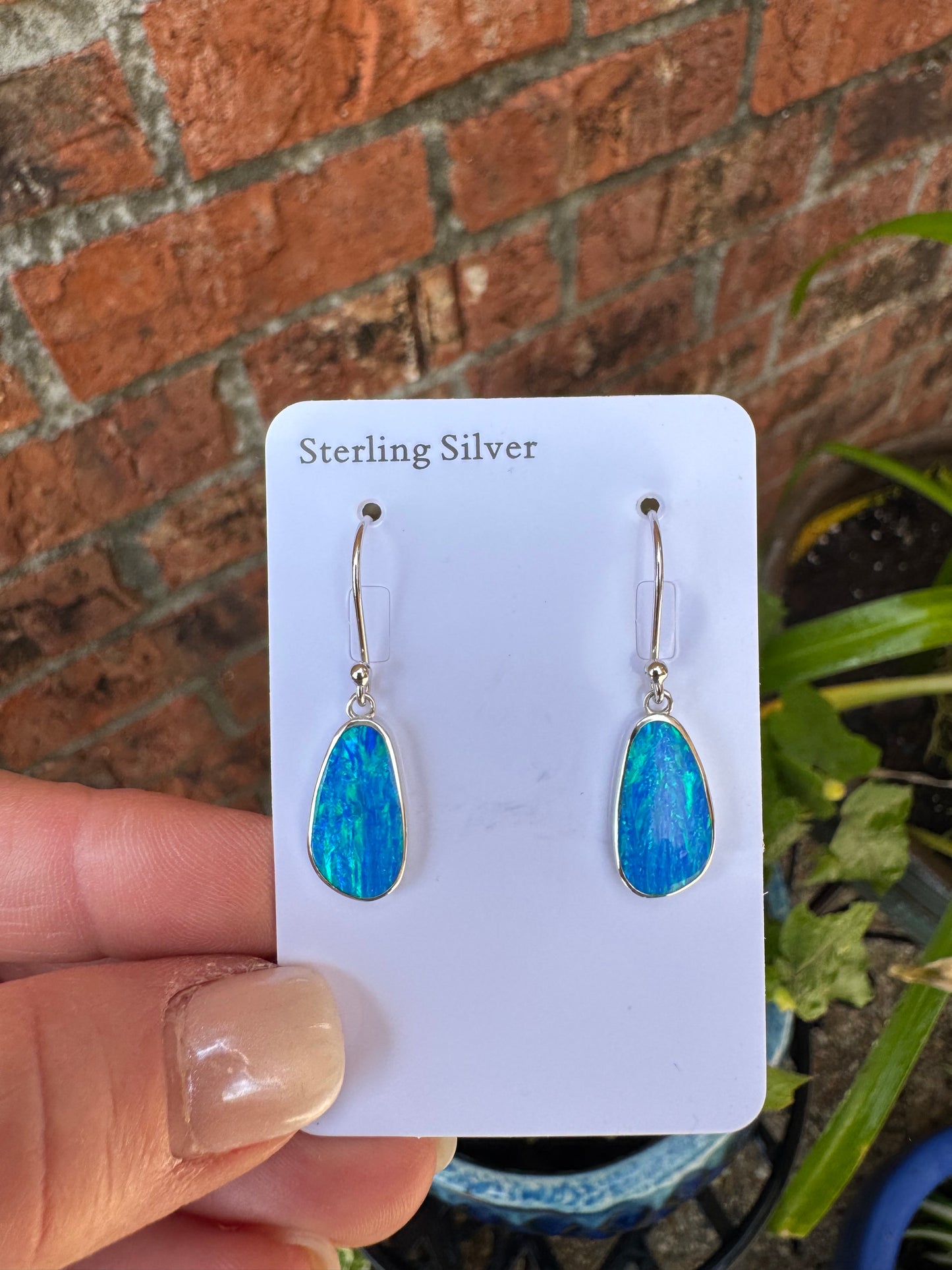 Oval asymmetrical lab opal earrings