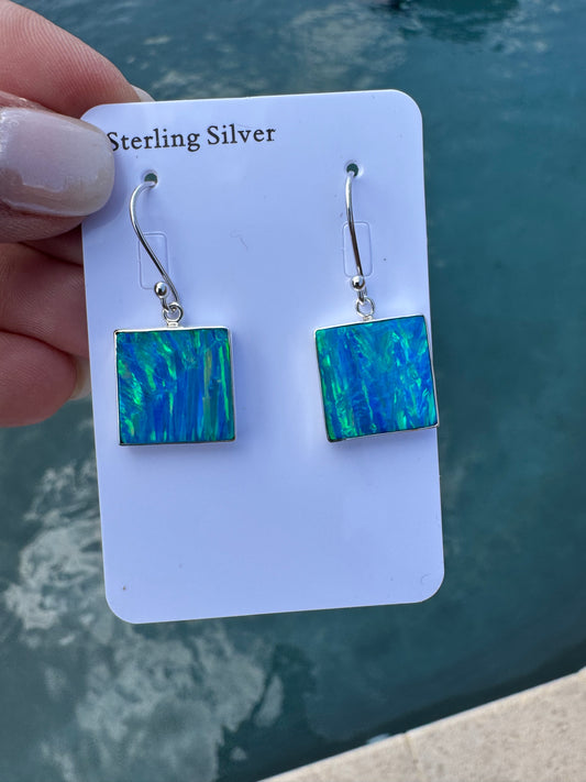 Square lab opal earrings