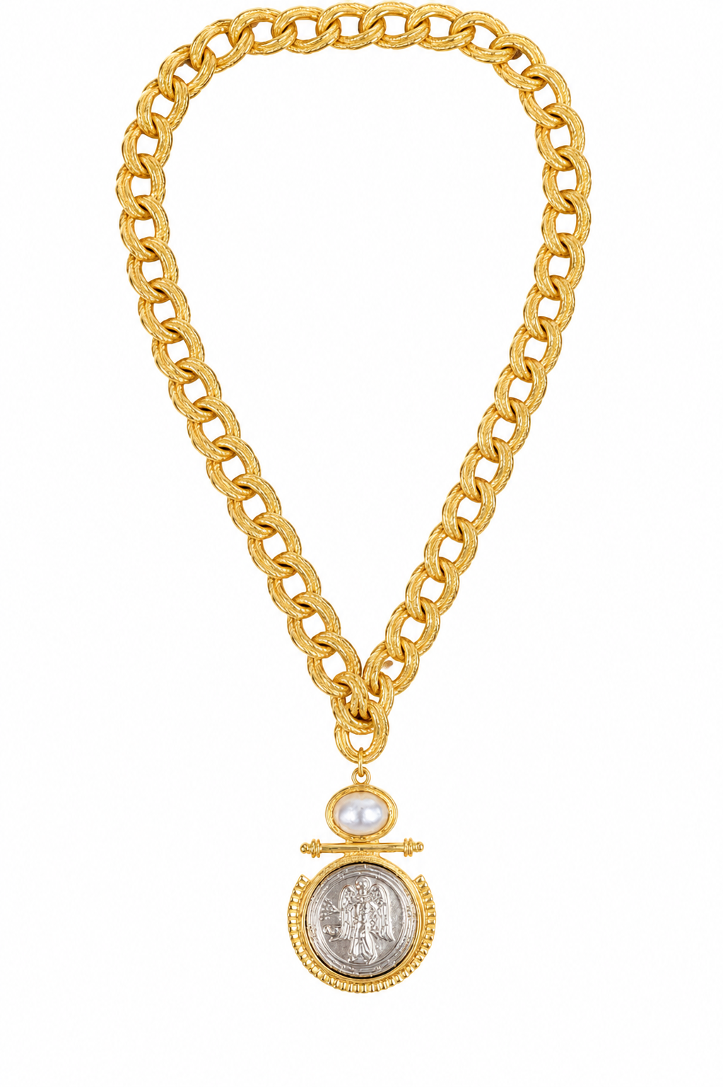 Gold chain necklace with a pendant on a white background