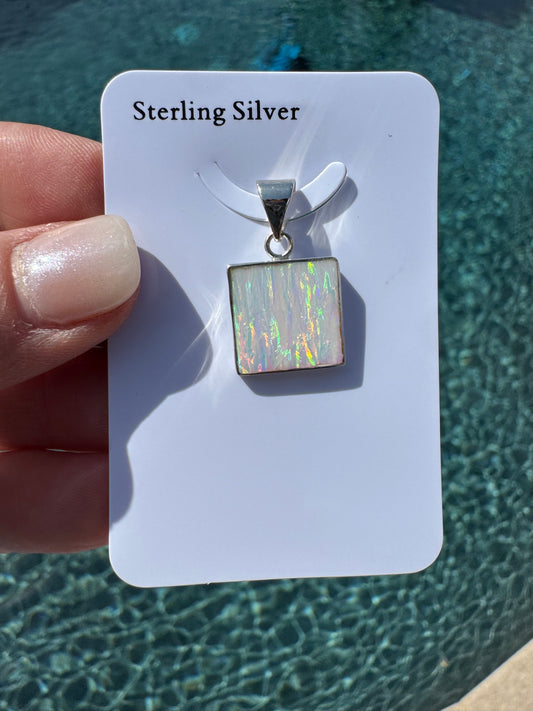 Square lab opal pendant necklace