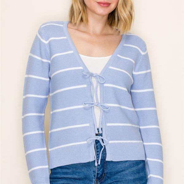 V Neck Bow Tie Front Long Sleeve Striped Sweater Cardigan