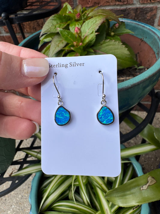 Asymmetrical teardrop lab opal earrings