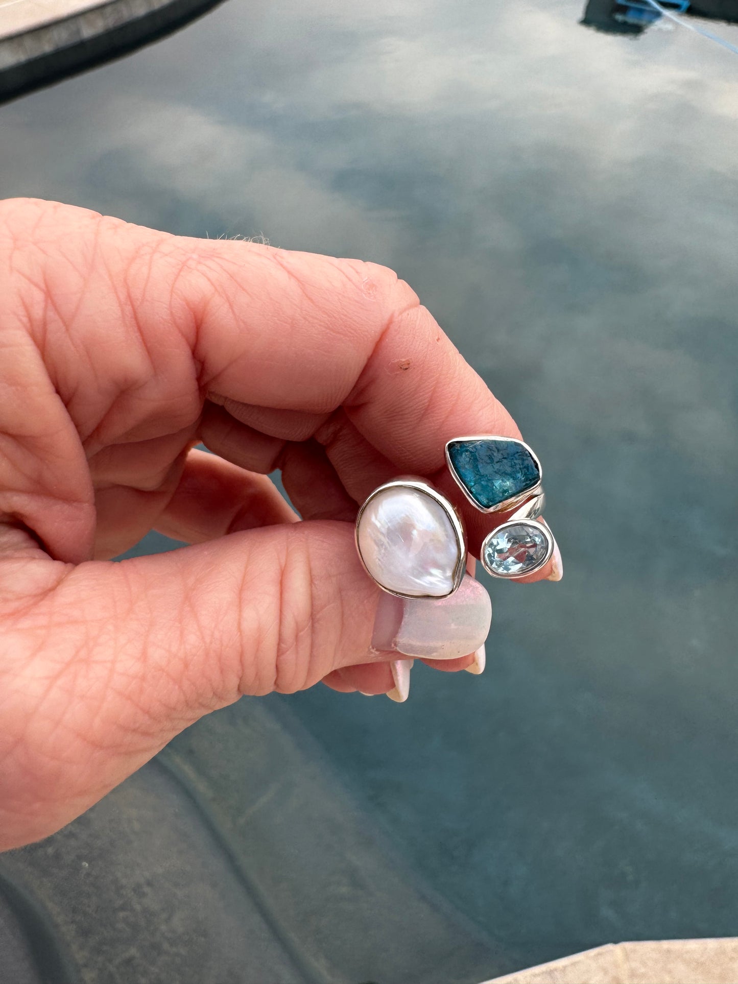 Pearl/stone/silver adjustable rings