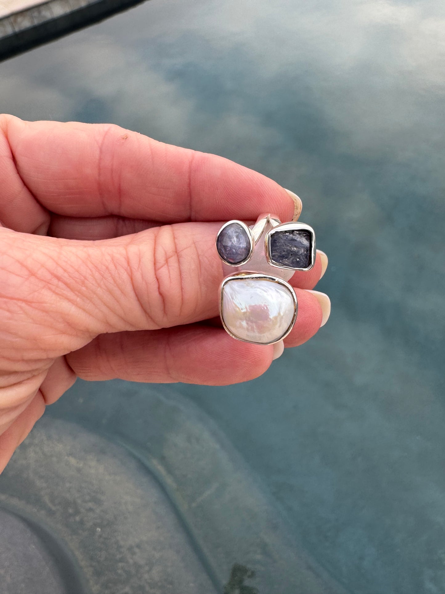 Pearl/stone/silver adjustable rings