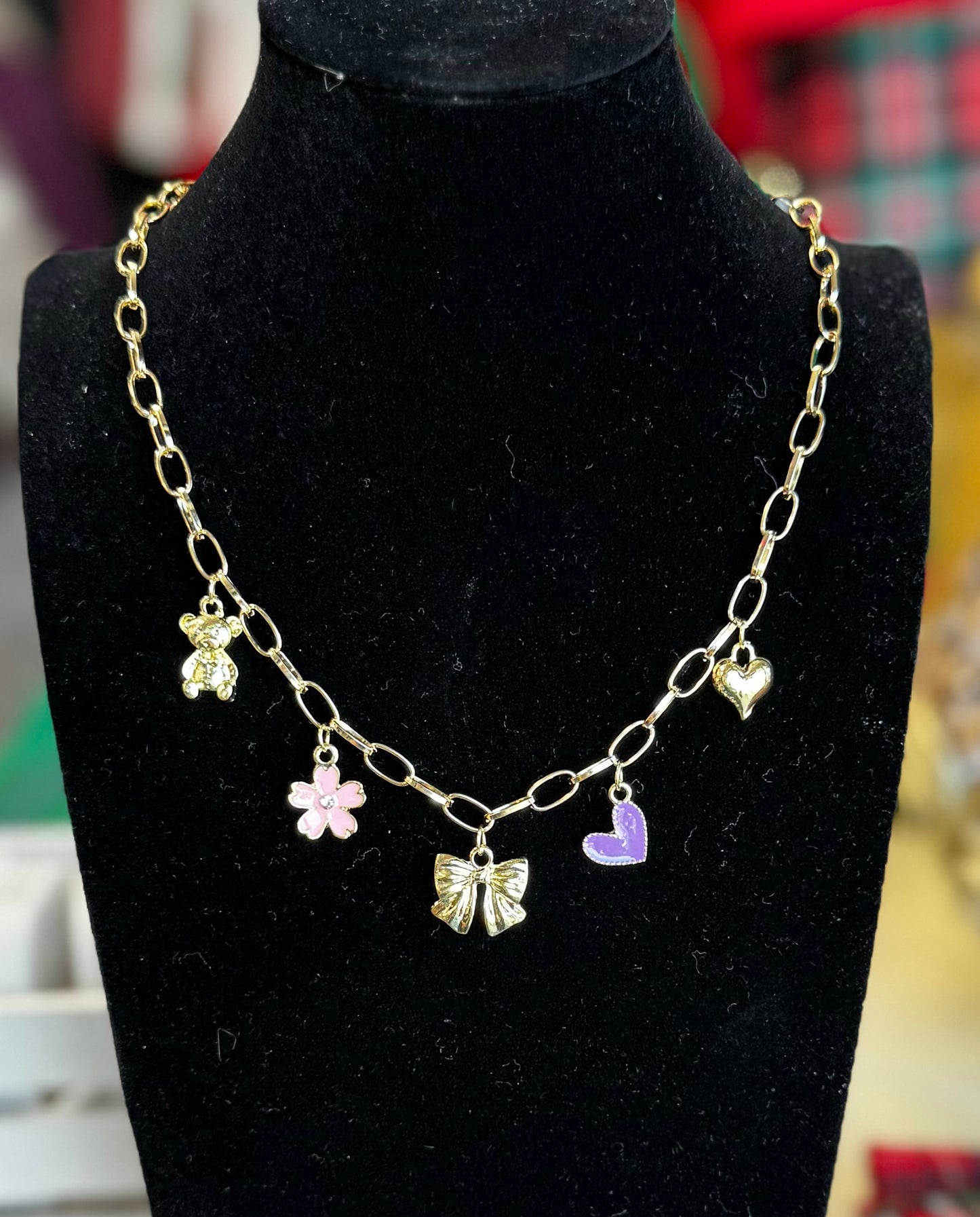 Five charm Purple Bow Necklace