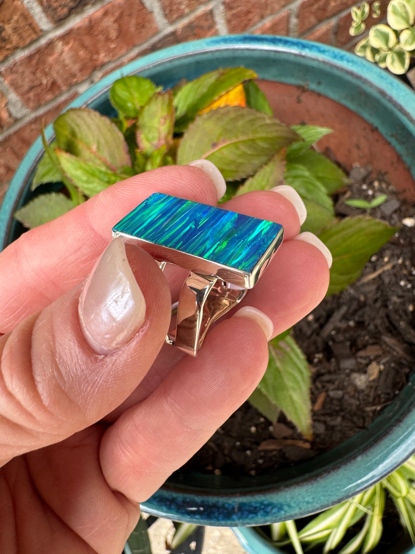 Sterling silver rectangular lab opal ring
