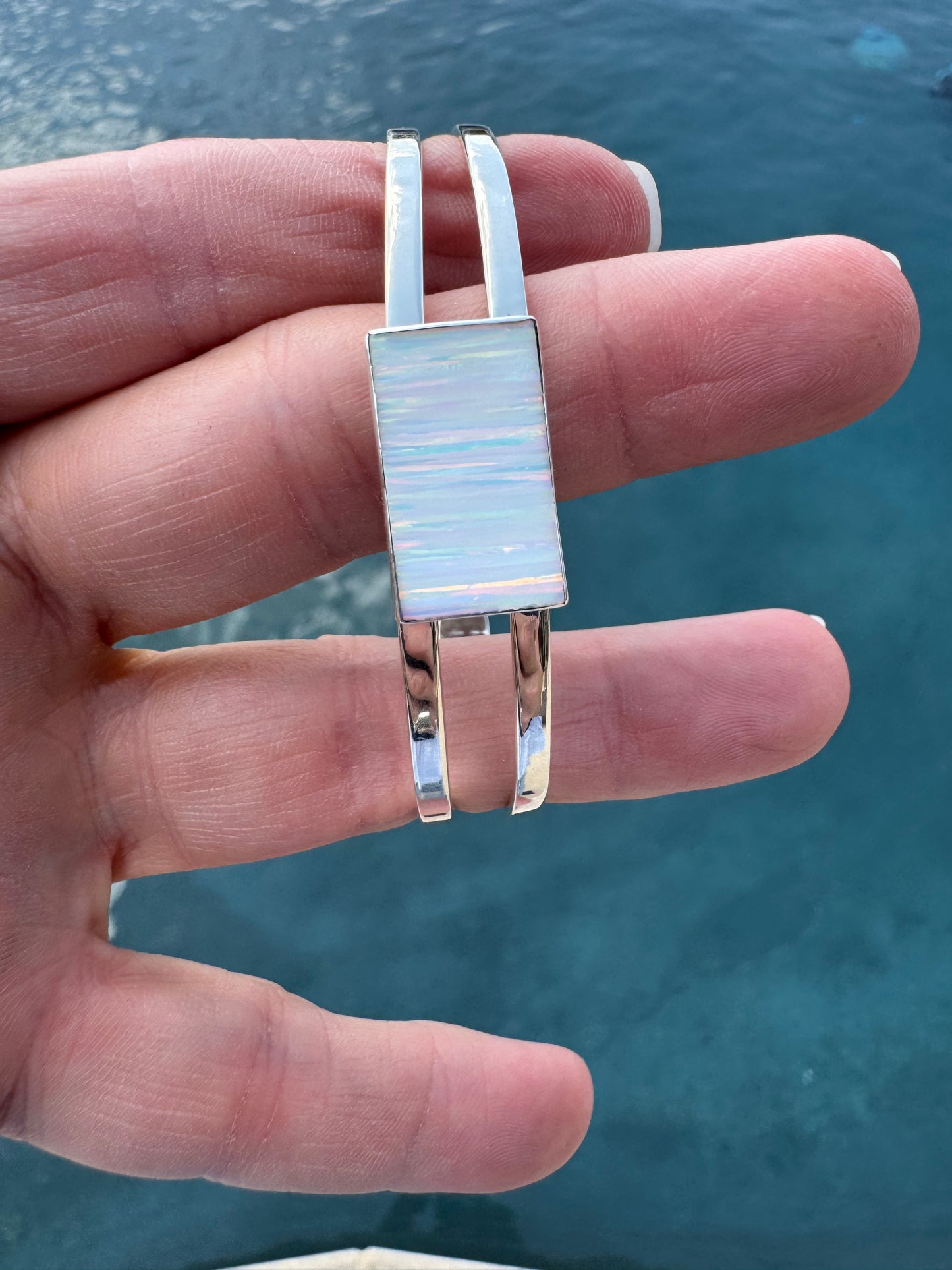 Sterling Silver rectangular lab opal cuff bracelet
