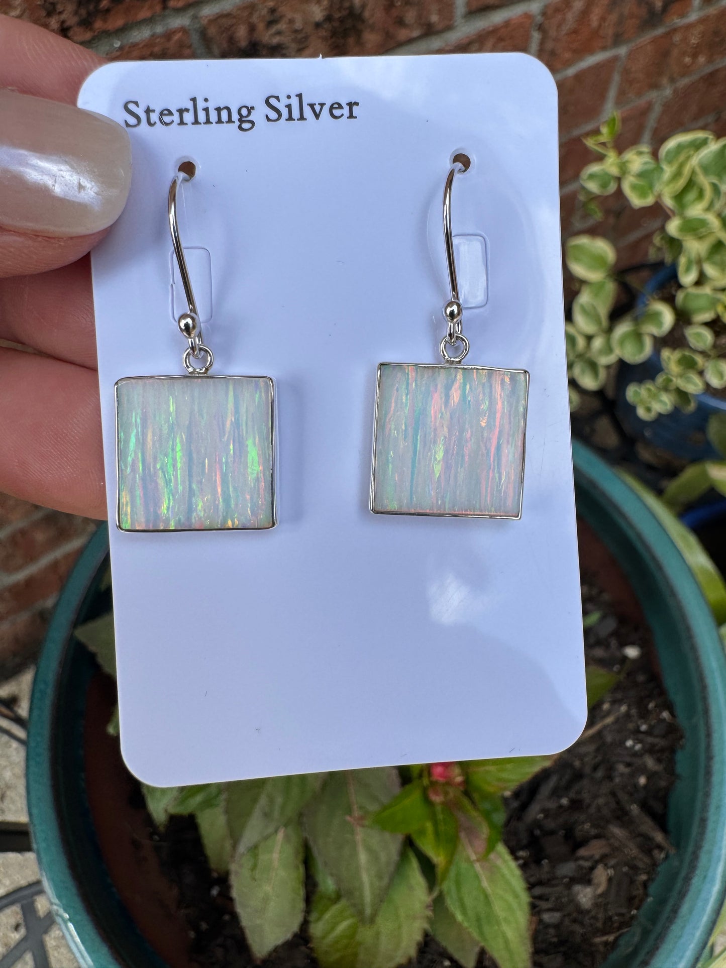 Square lab opal earrings