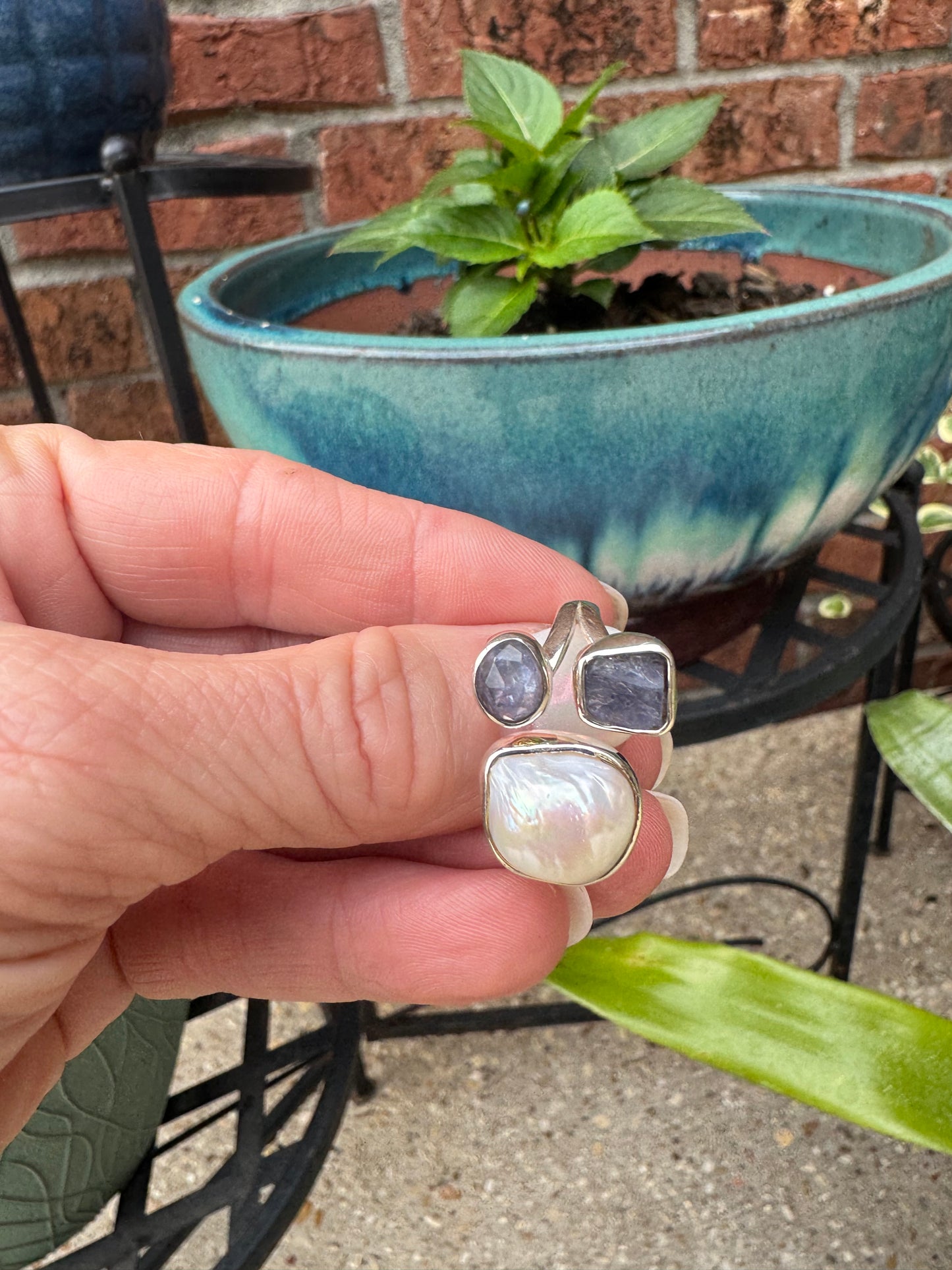 Pearl/stone/silver adjustable rings