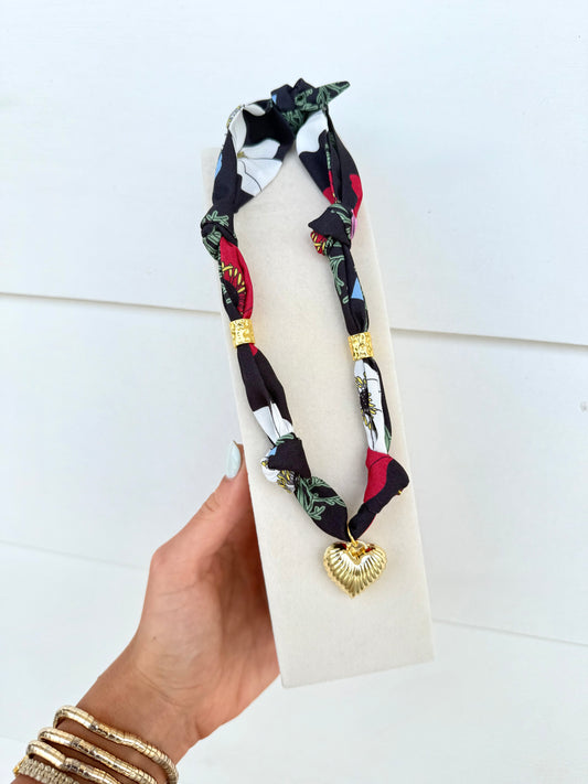Scarf Necklace Black Floral