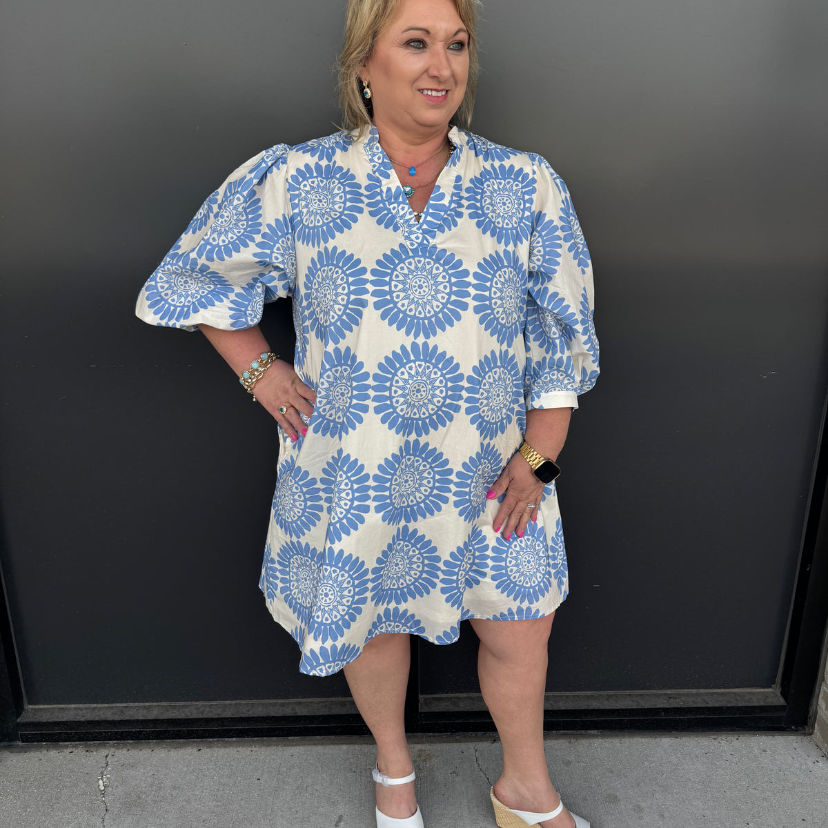 entro blue dress Entro Slate Blue Botanical Midi Shirt Dress with Tie Waist (Plus Sizes) XL