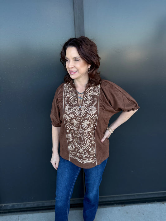 The Sedona Embroidered Peasant Top 🤎