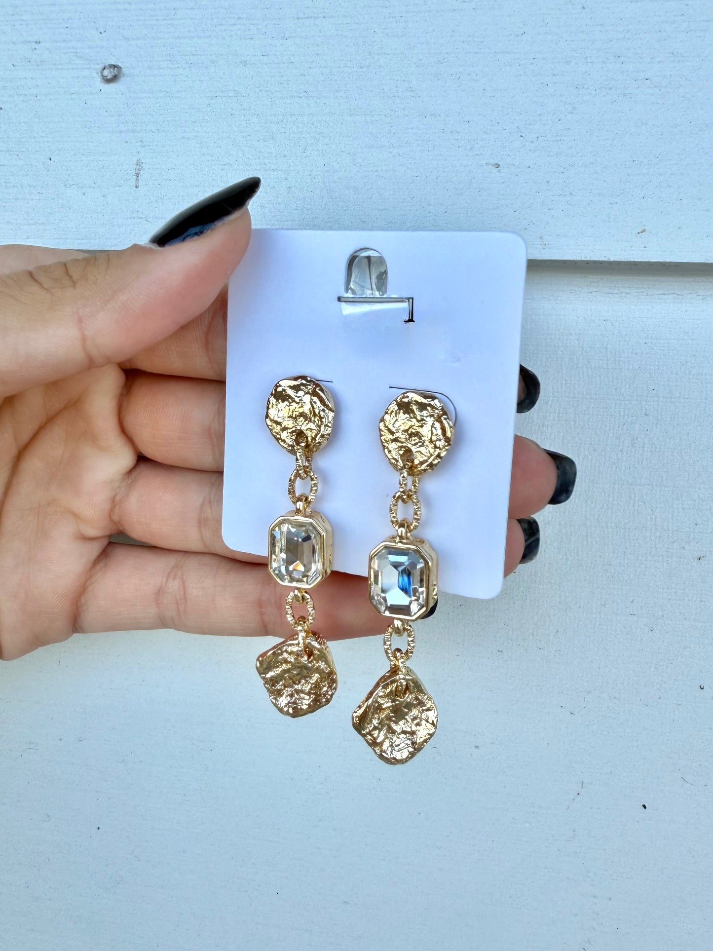 Gold Hammered Coin w/clear Crystal drop 2” Earrings