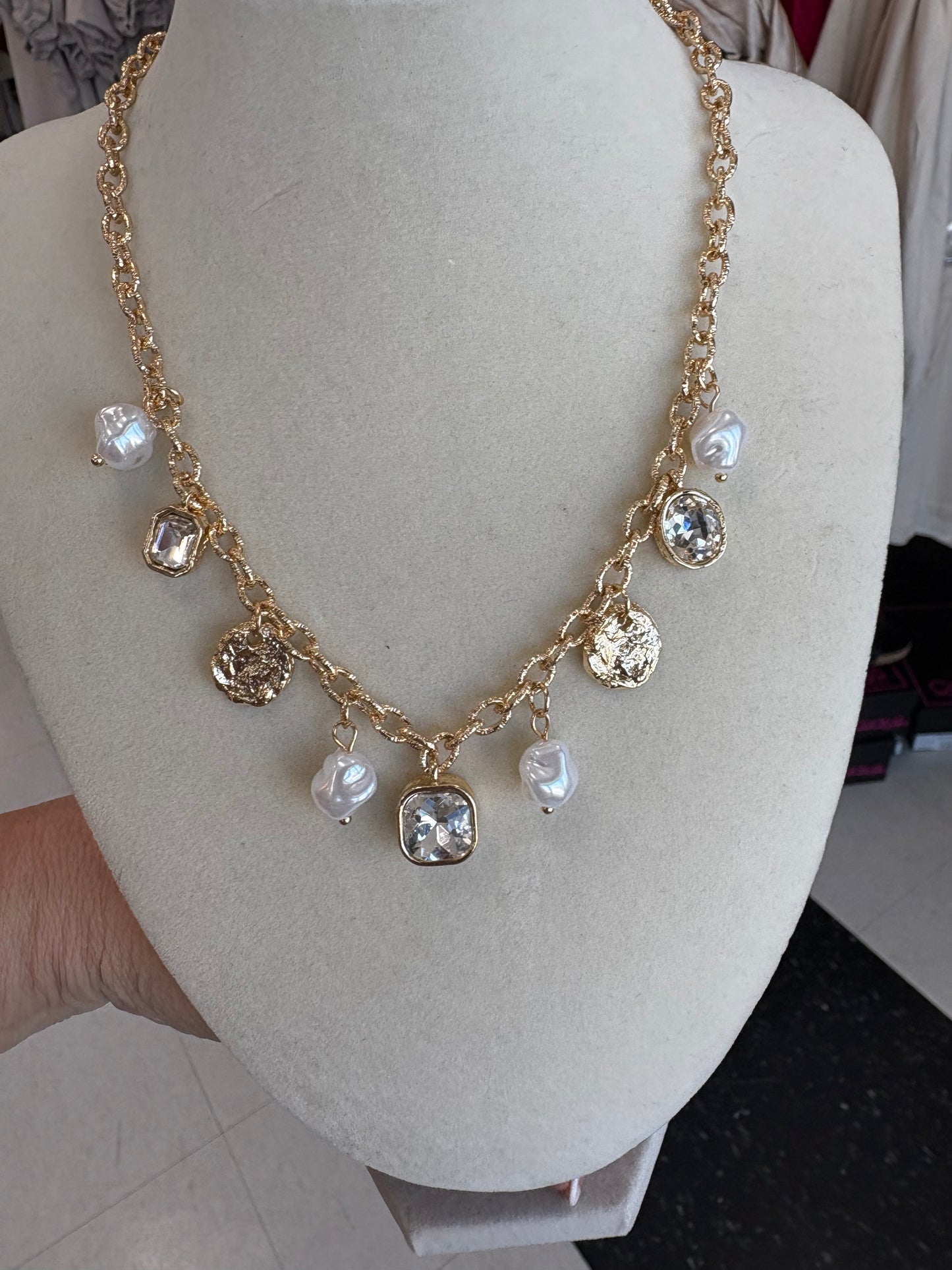 Gold chain With Hammered Gold Coins, Pearls & Clear Crystals