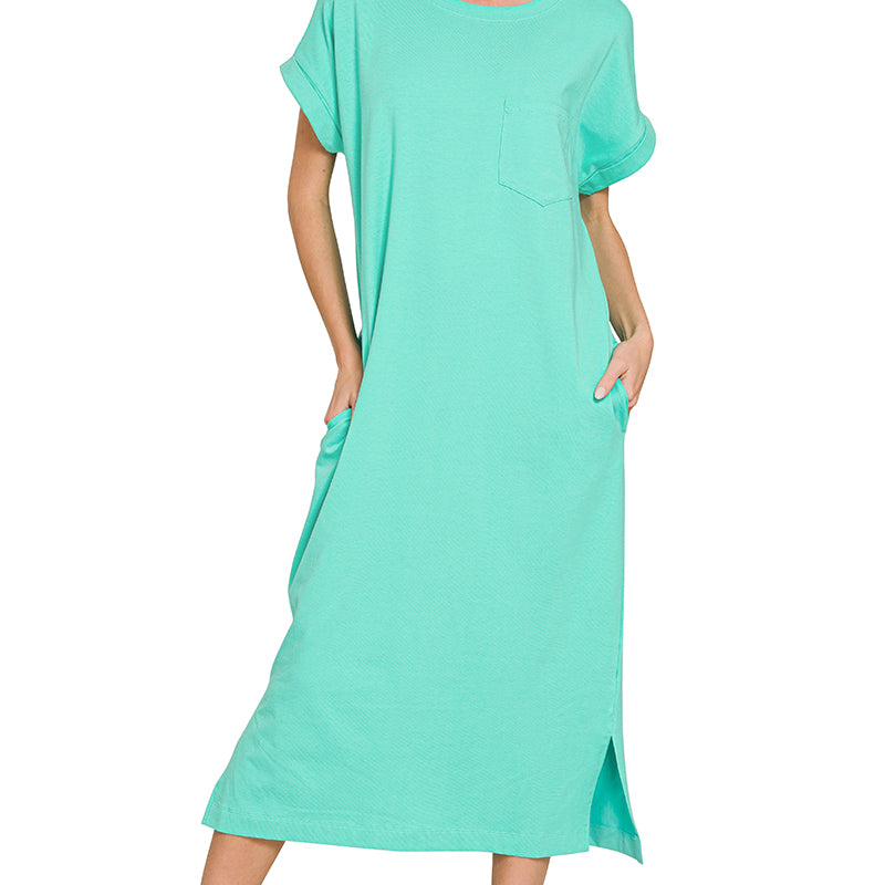 Round Neck Short Sleeve Midi Dress