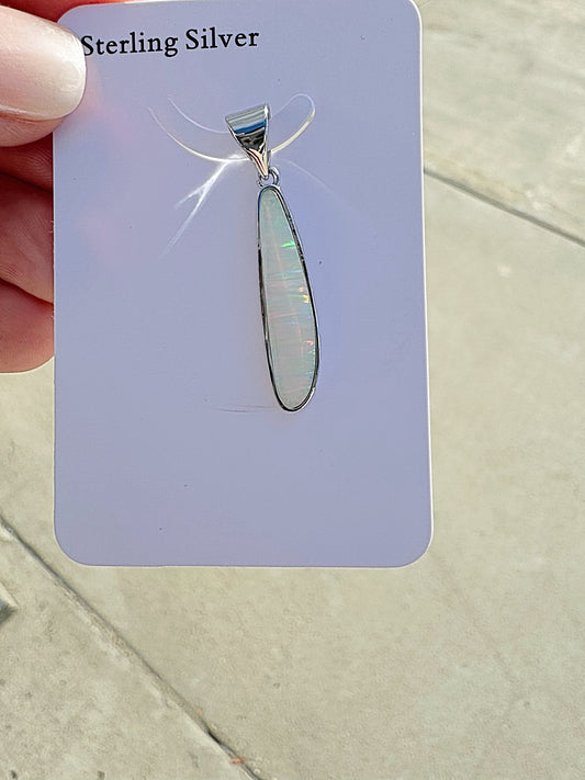 Long oval lab opal pendant necklace