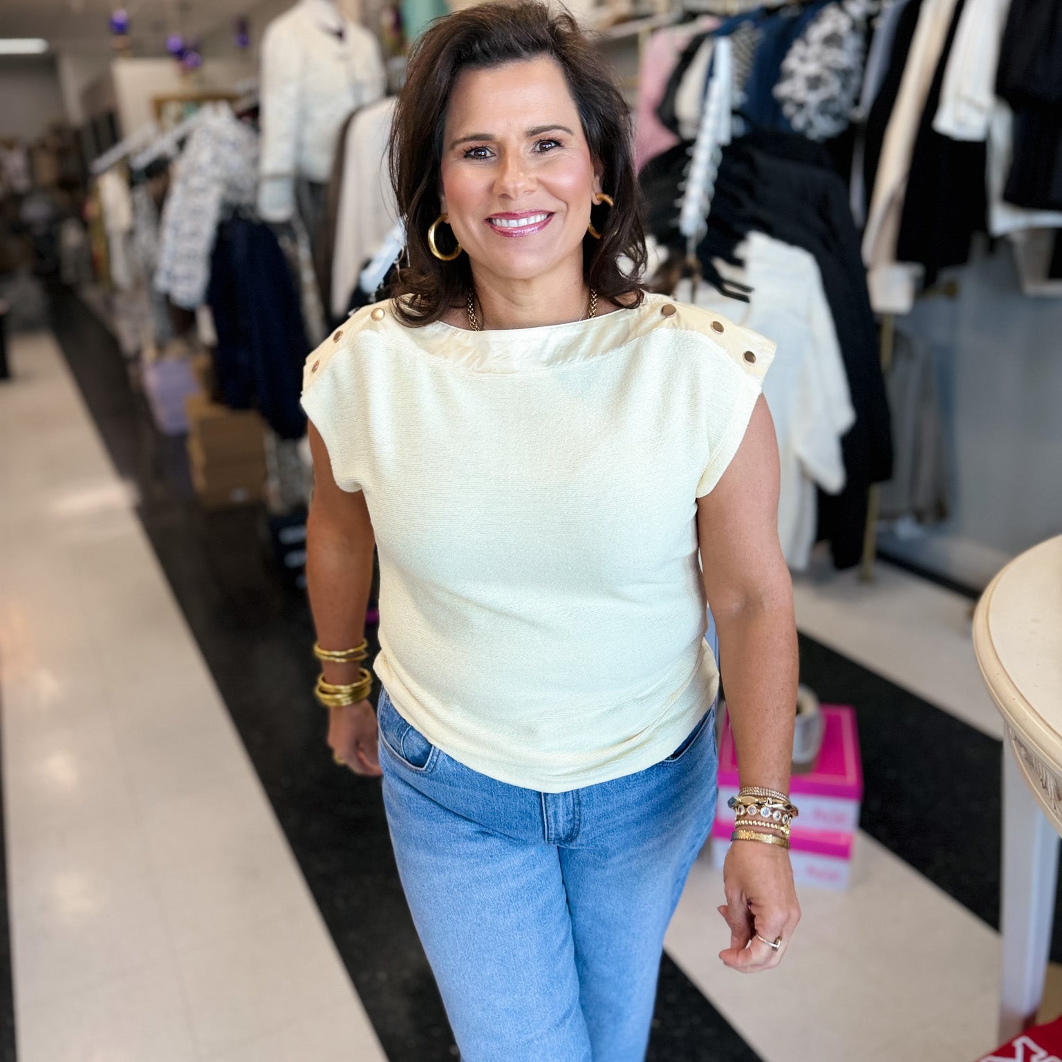 Bateau Neck Shoulder Button Detail Top