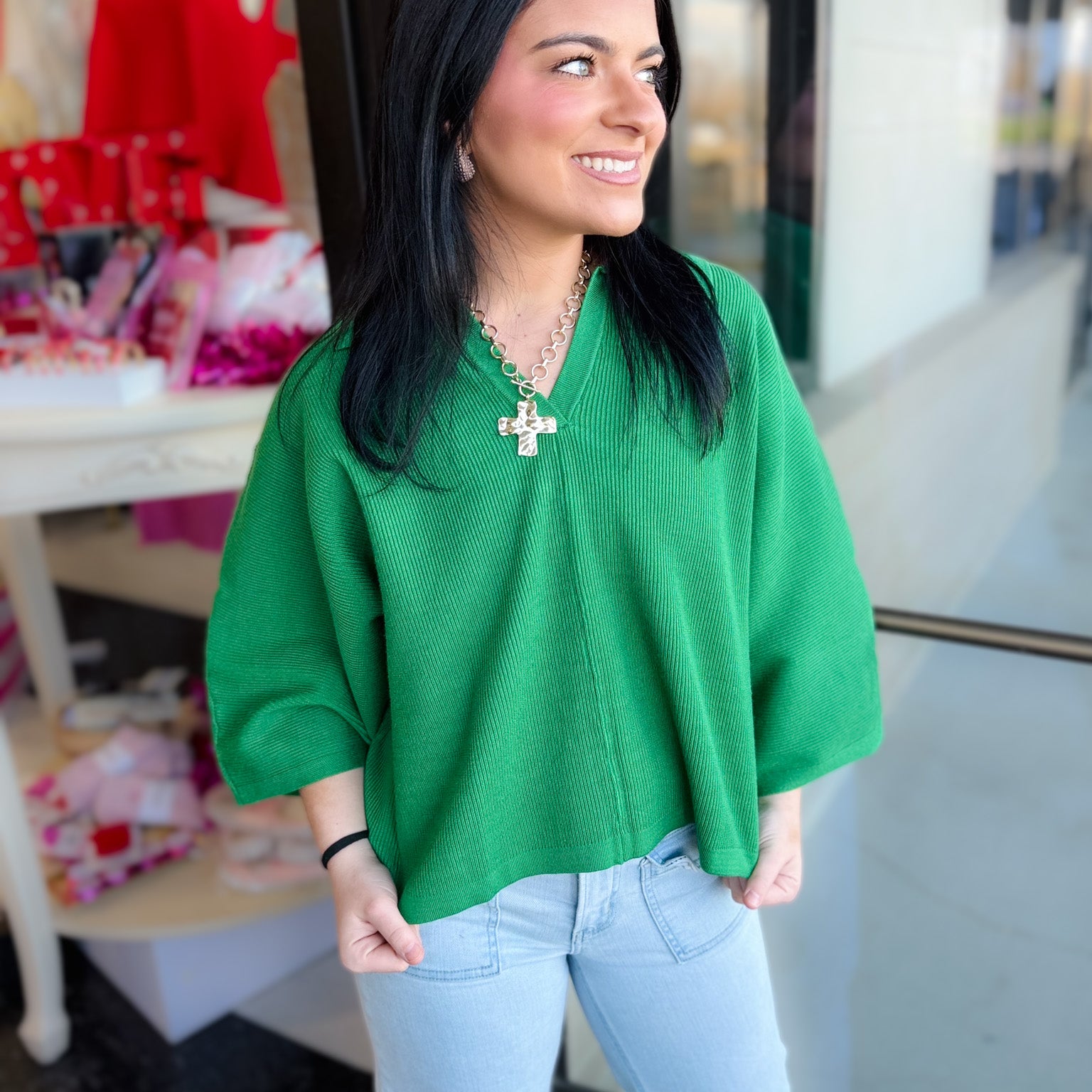 Open V-Neck 3/4 Sleeve Knit Top