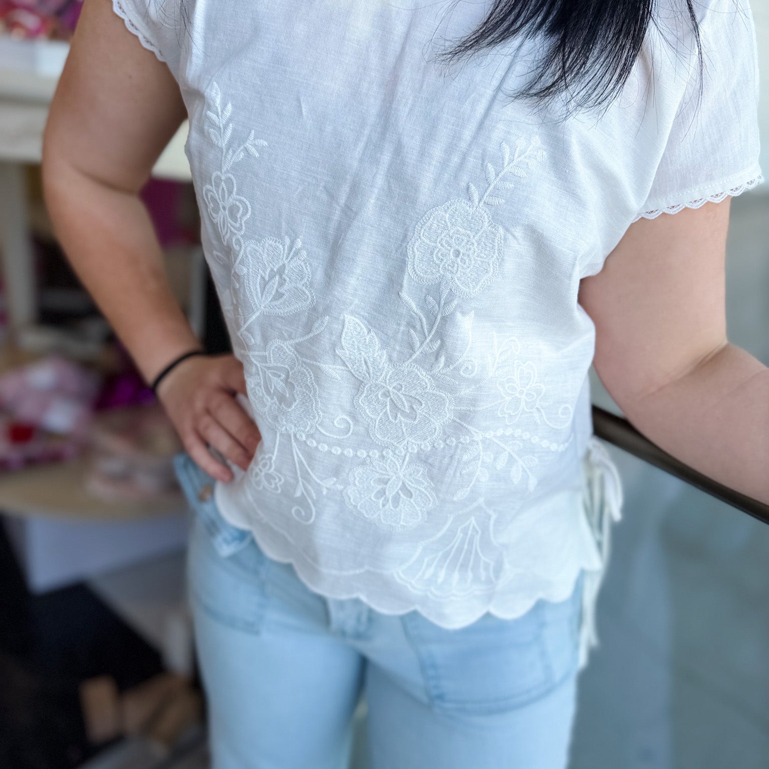 Linen Lace Trim Embroidered Top