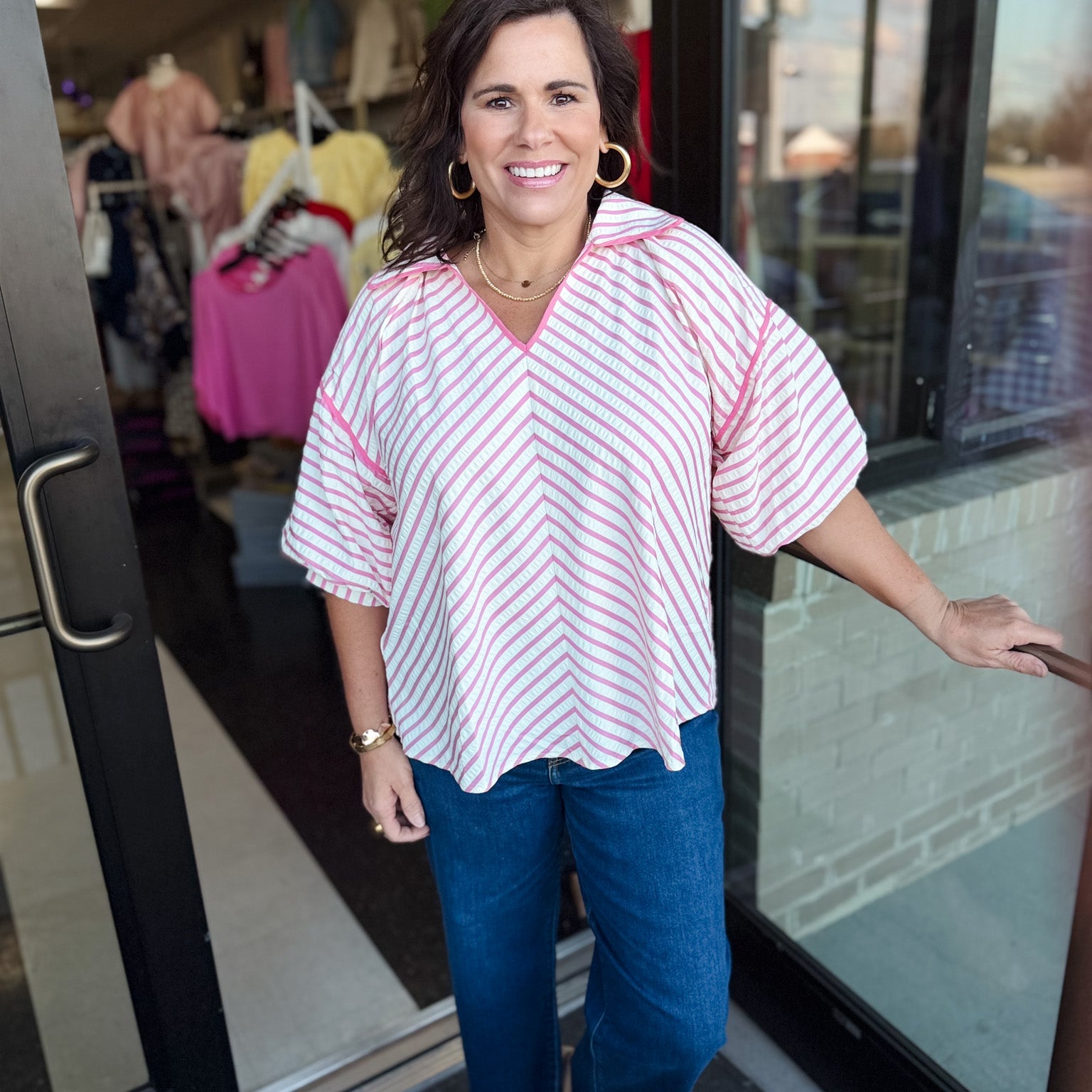Chic Stripe Puff Sleeve V-Neck Shirt!