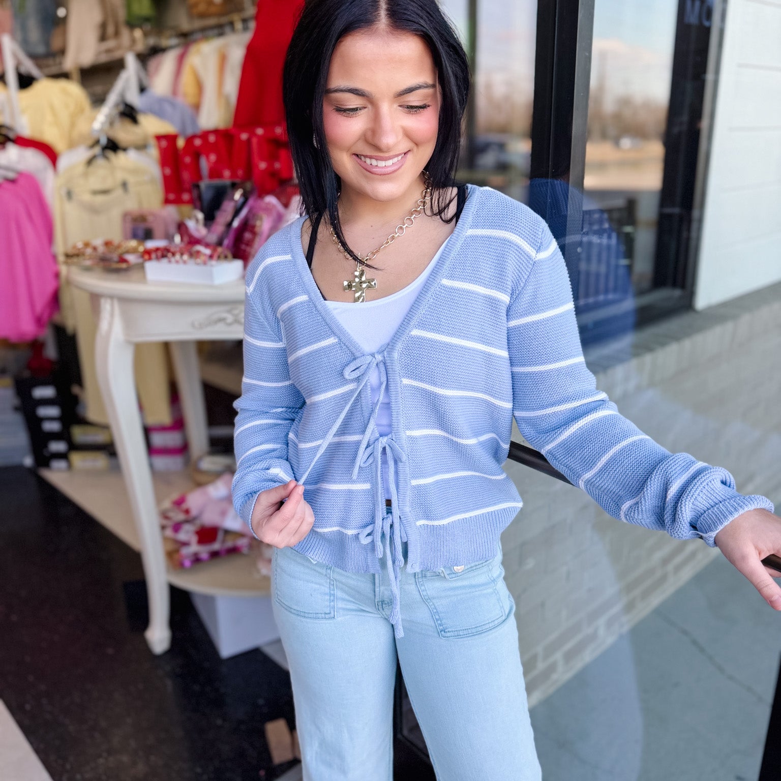 V Neck Bow Tie Front Long Sleeve Striped Sweater Cardigan