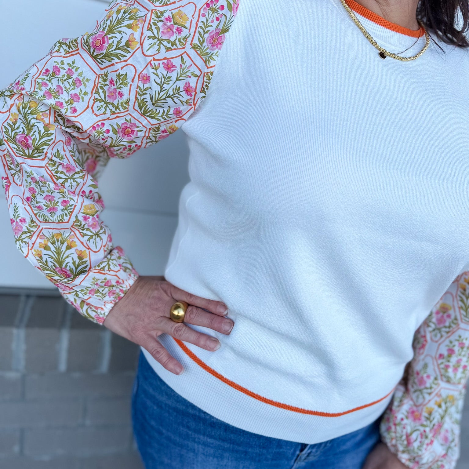 Contrast Botanical Print Puff Sleeve Sweater