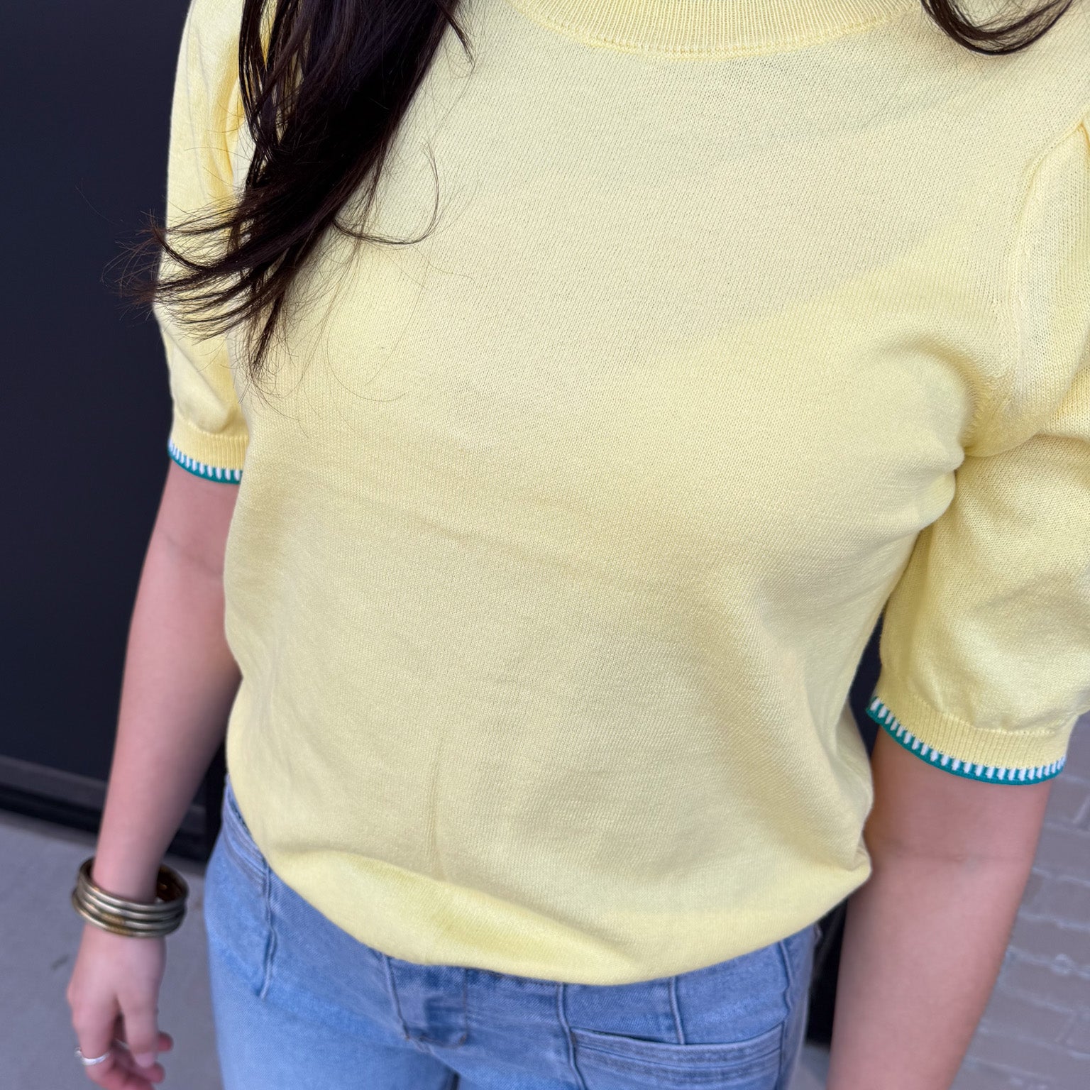Pop Color Stitched Puff Sleeve Sweater