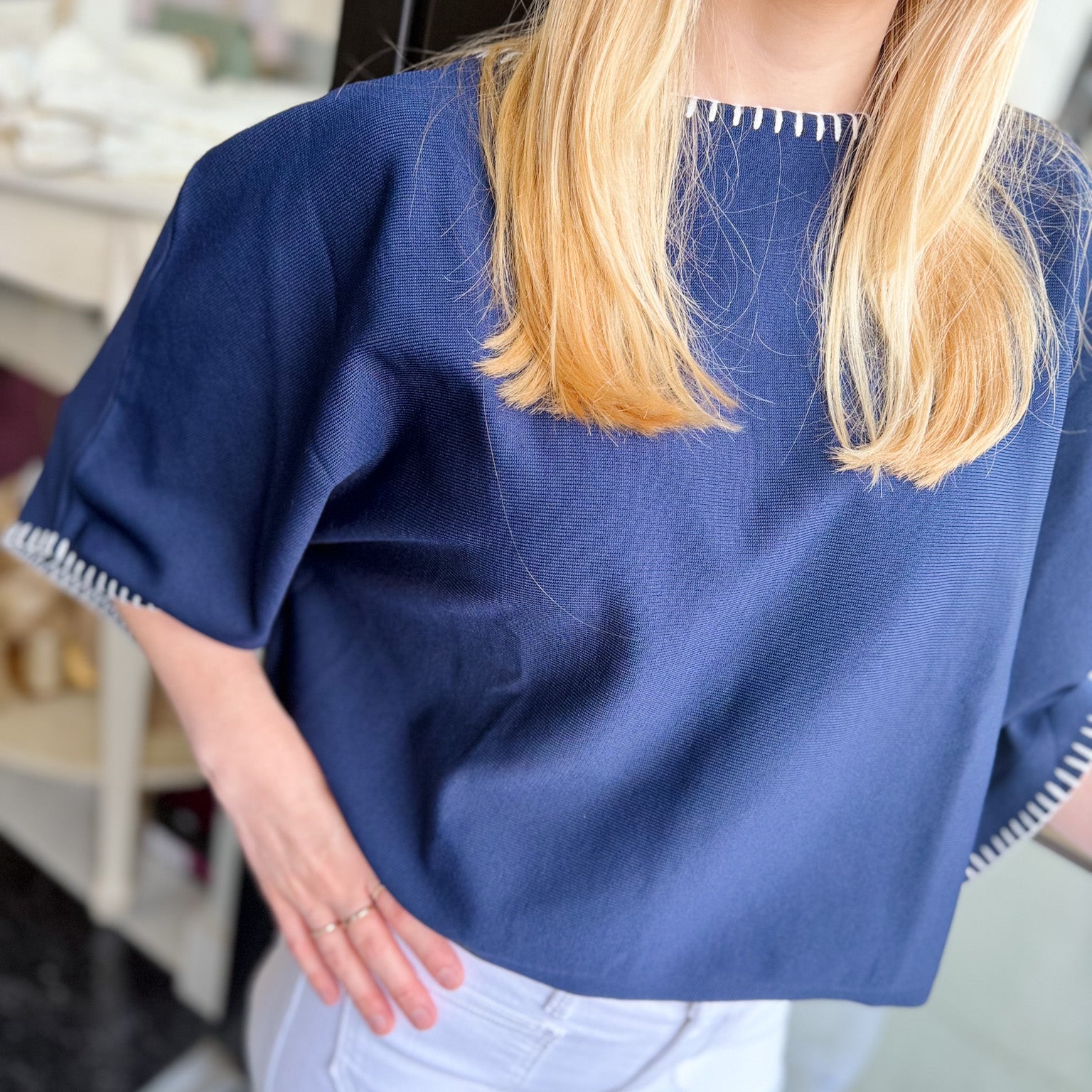 Dolman Fit Knit Top with Stitch Detail