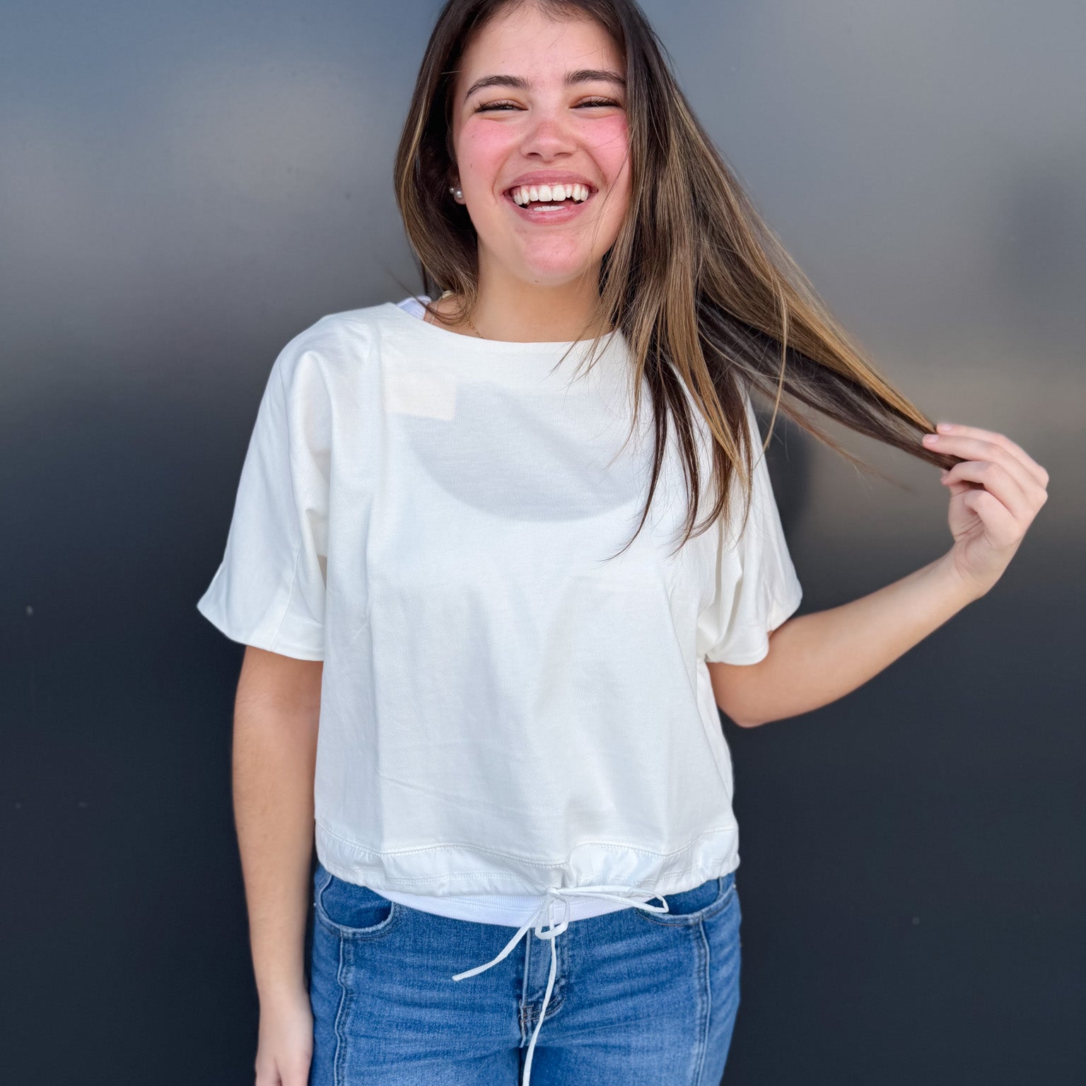 Drawstring Hem Short Sleeve Knit Top