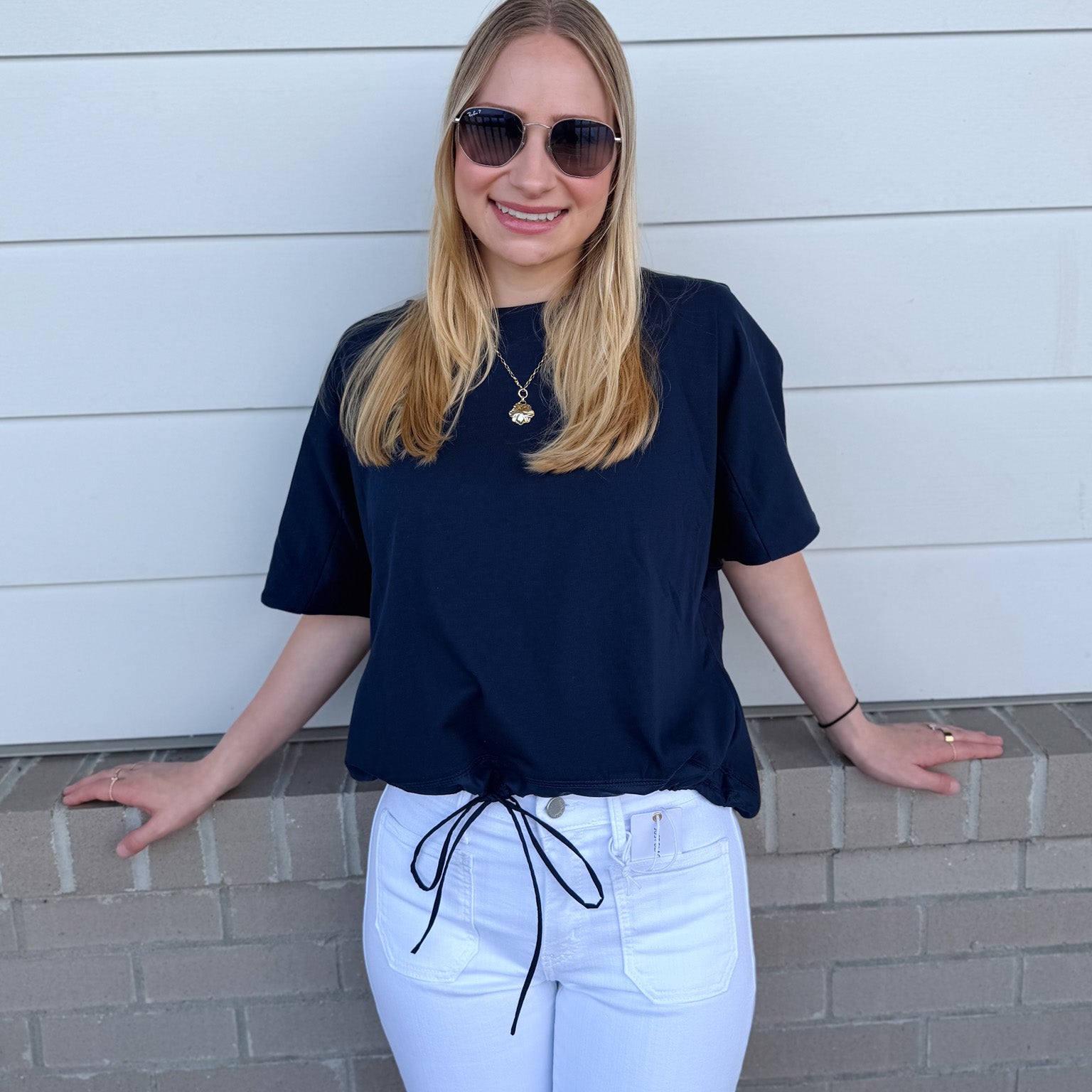 Drawstring Hem Short Sleeve Knit Top