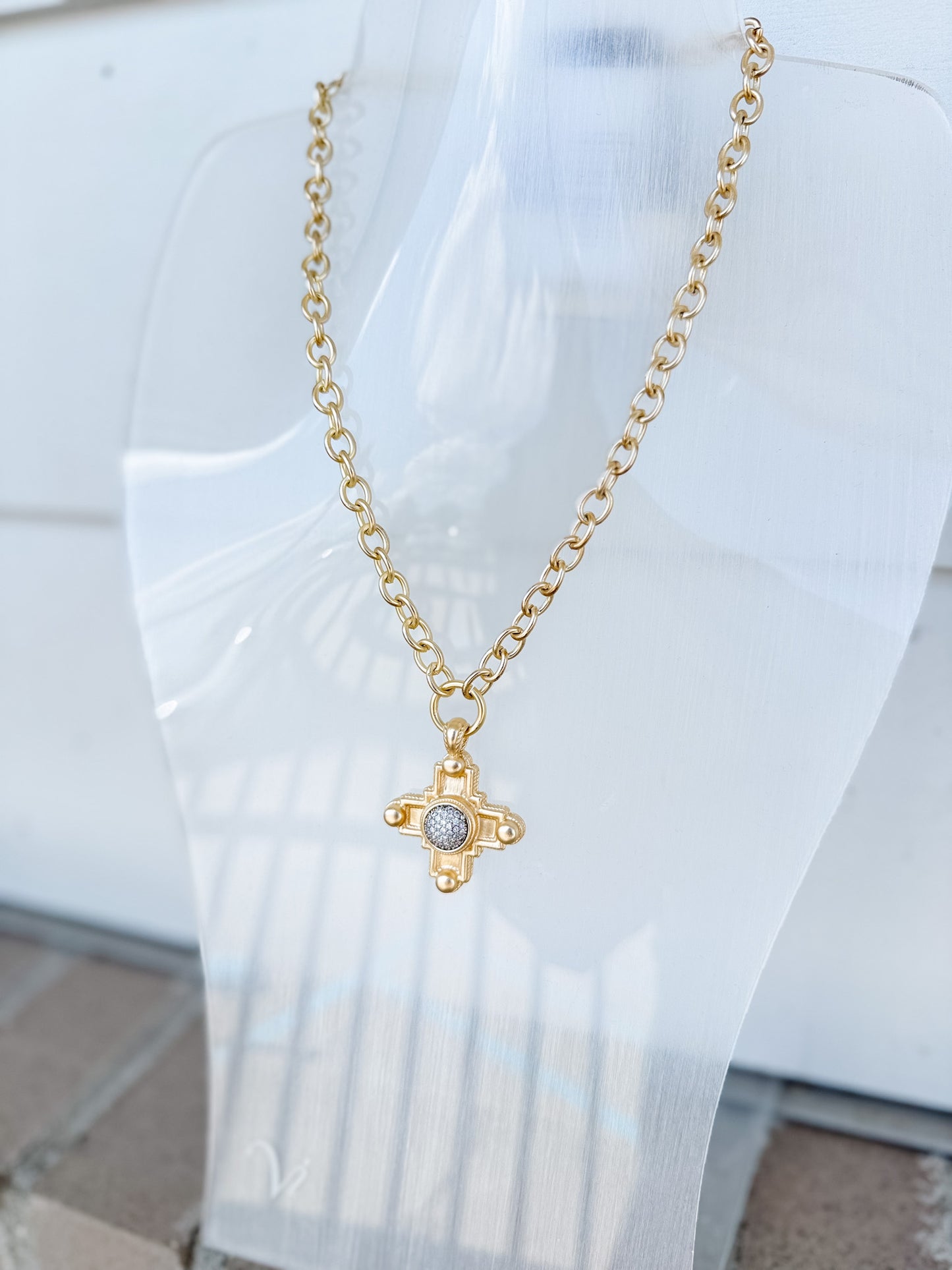 14K Gold Plated Cross with Pave CZs Necklace