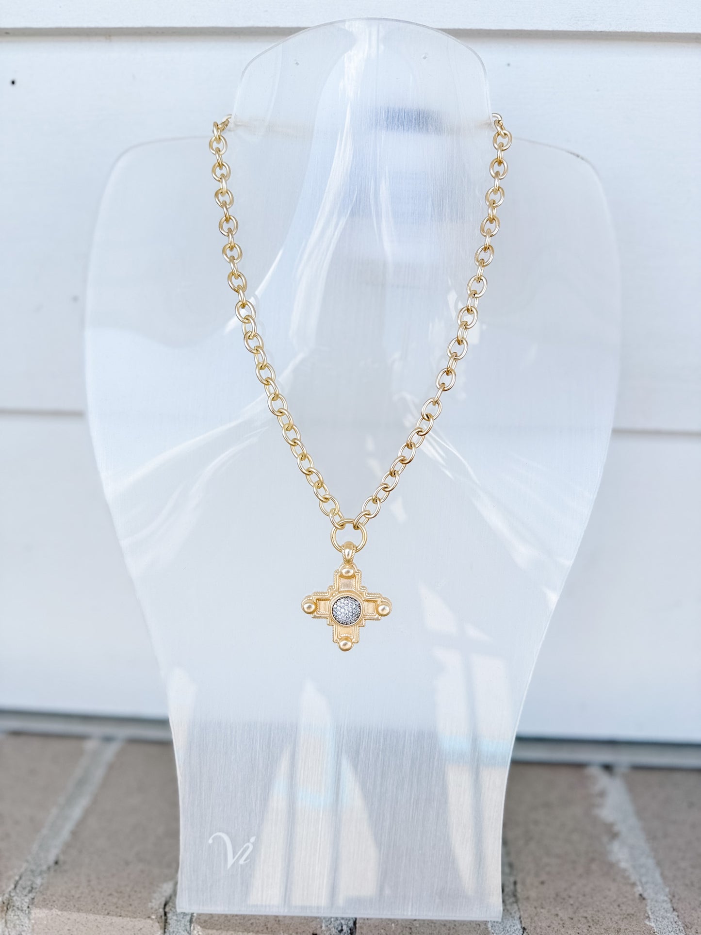 14K Gold Plated Cross with Pave CZs Necklace