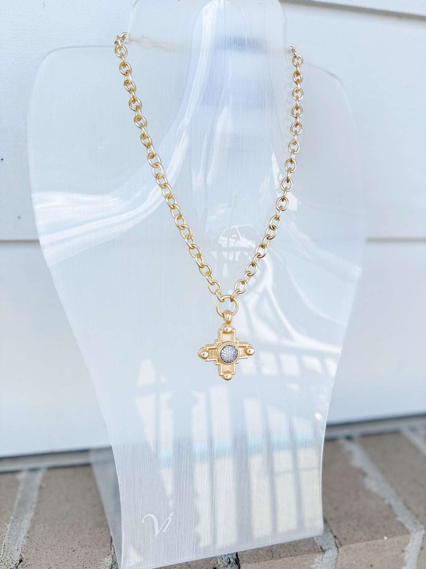 14K Gold Plated Cross with Pave CZs Necklace