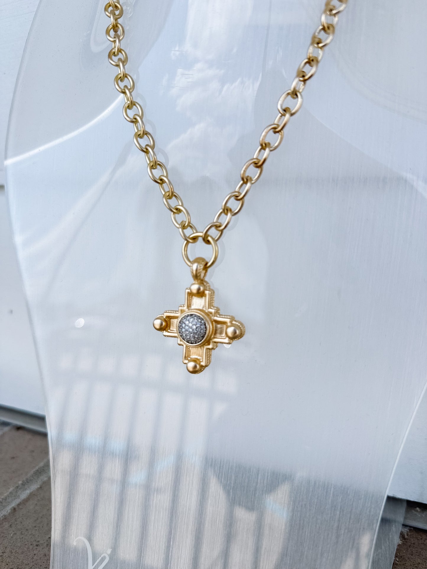 14K Gold Plated Cross with Pave CZs Necklace
