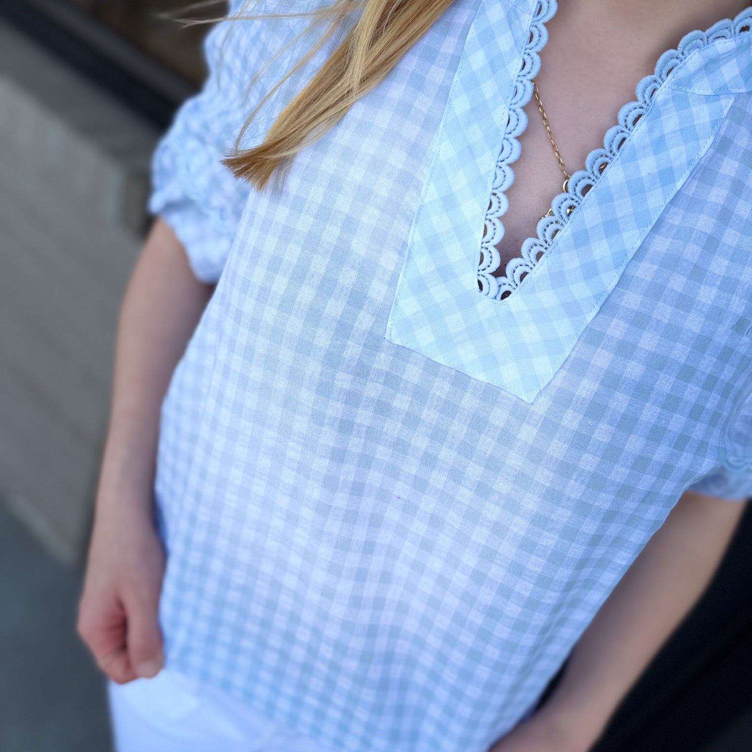 Gingham Puff Sleeve Top with Pico Edge Trim