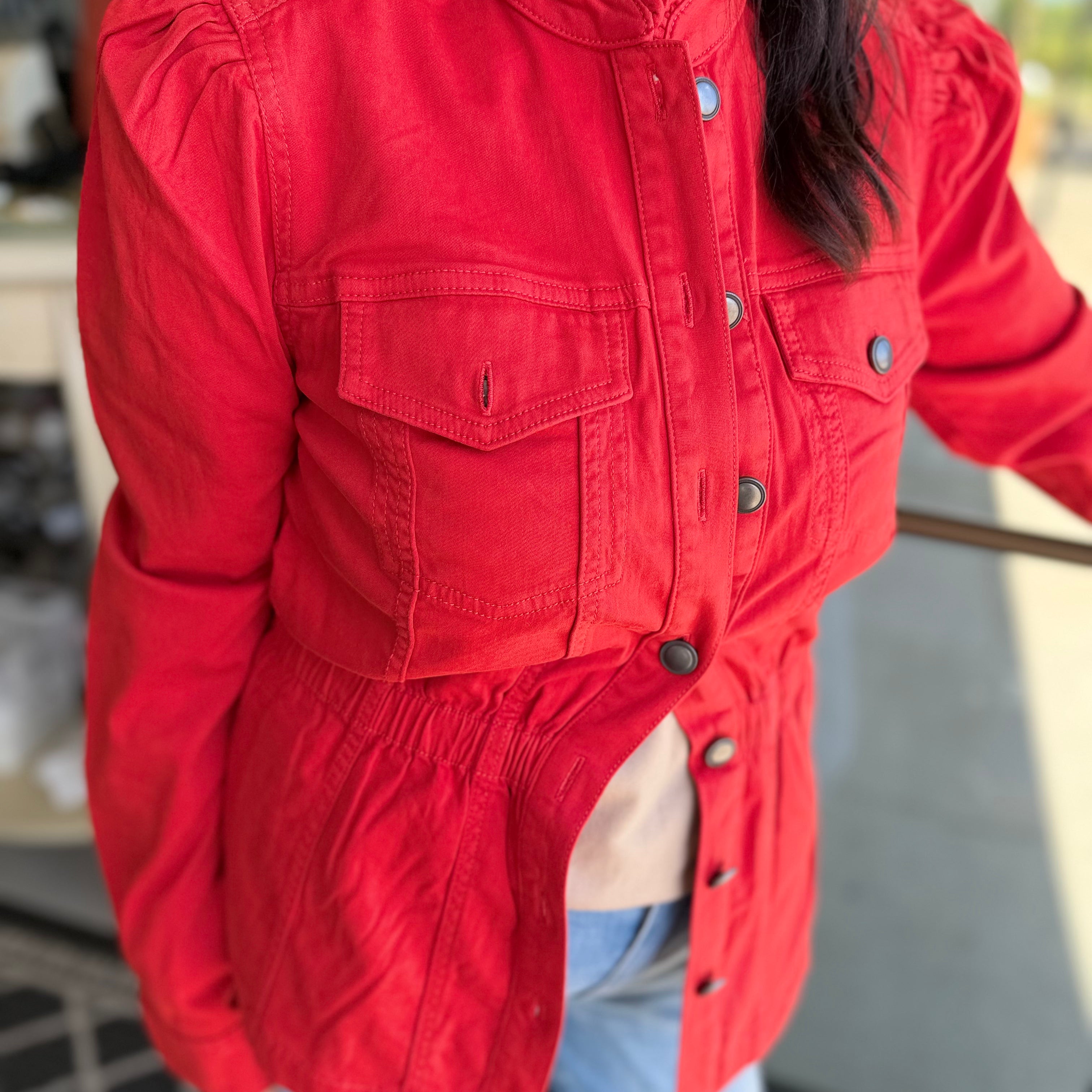 Puff Sleeve Ruffle Collar Trucker Jacket
