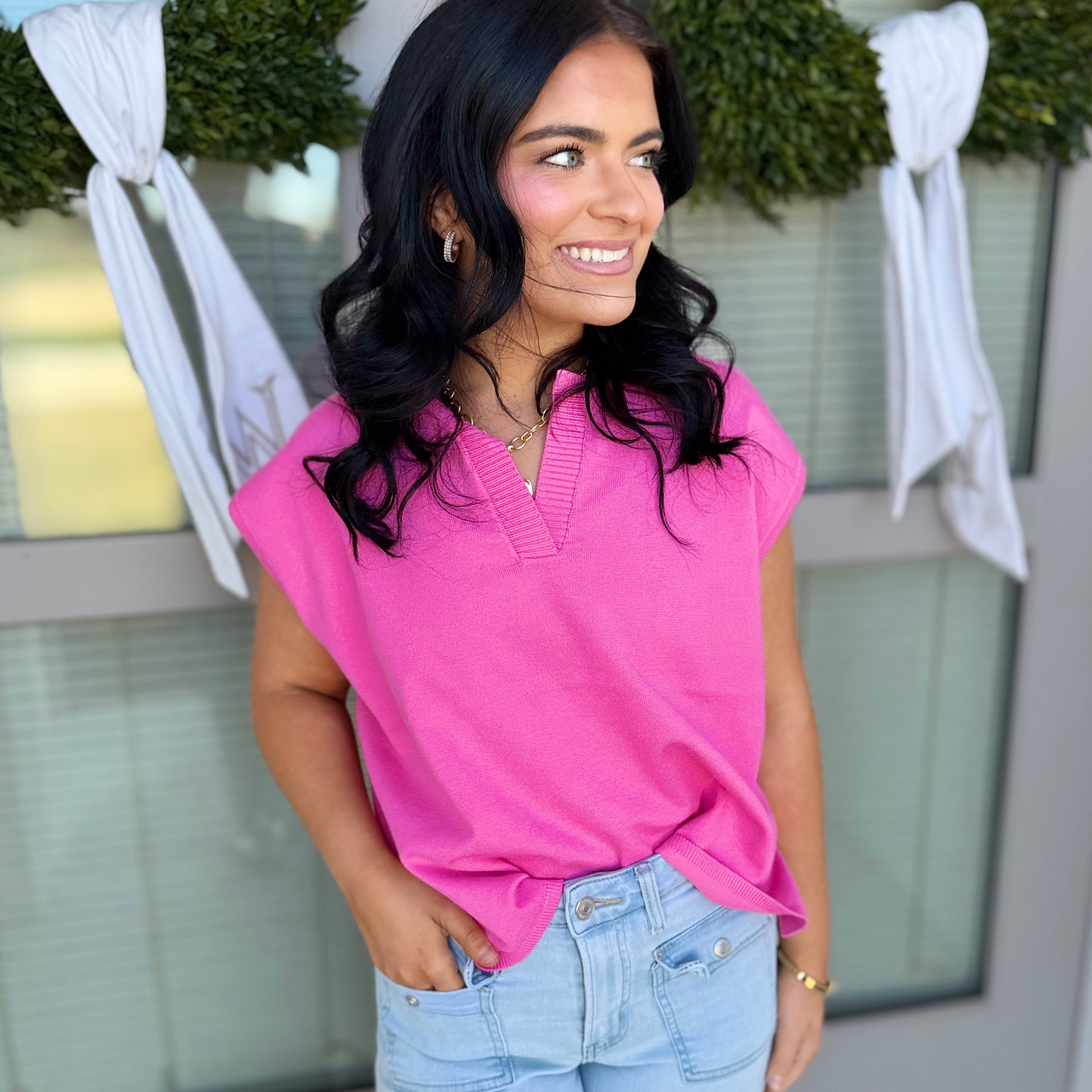 Ribbed V-Neck Knit Top