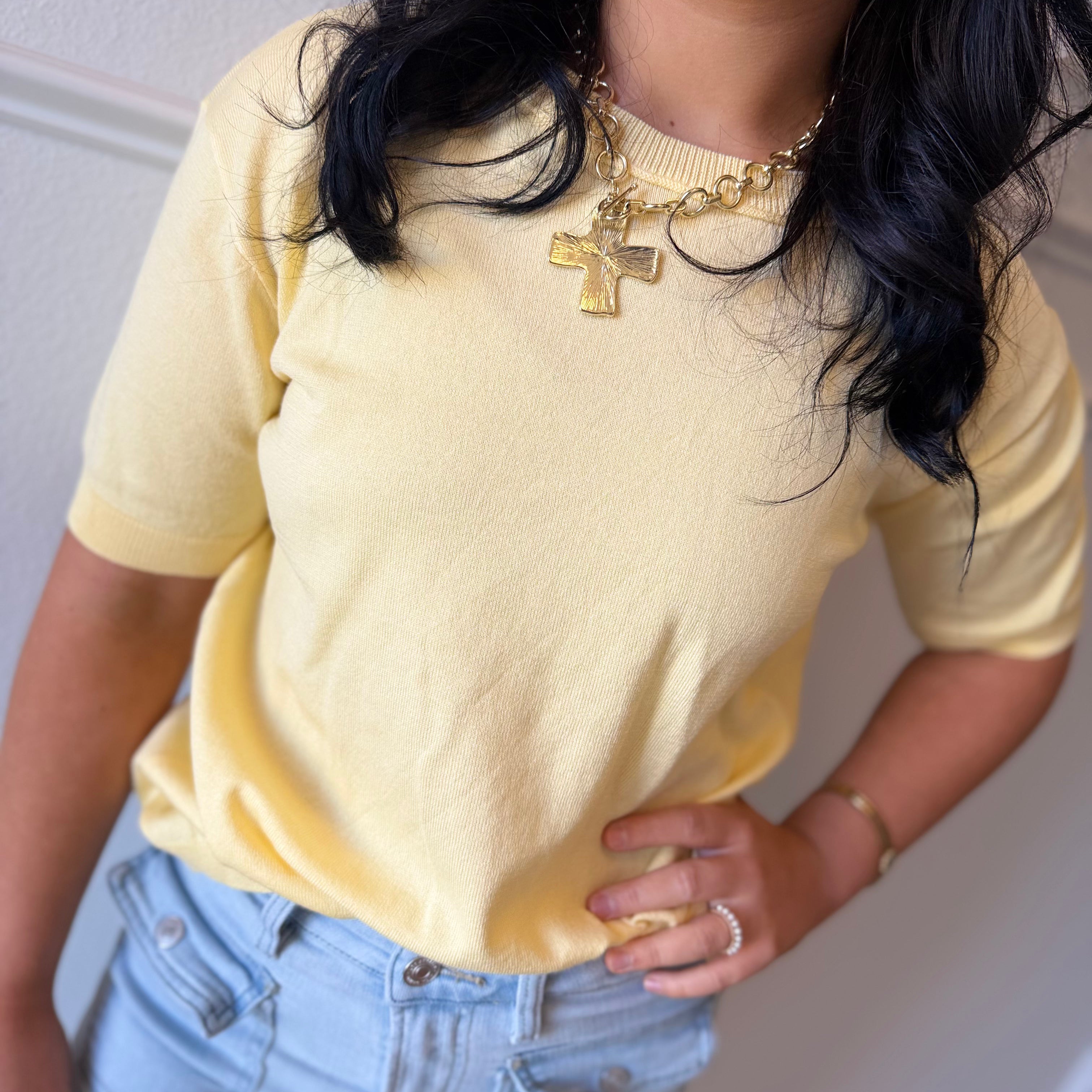 Solid Half-Sleeve Crew Neck Sweater