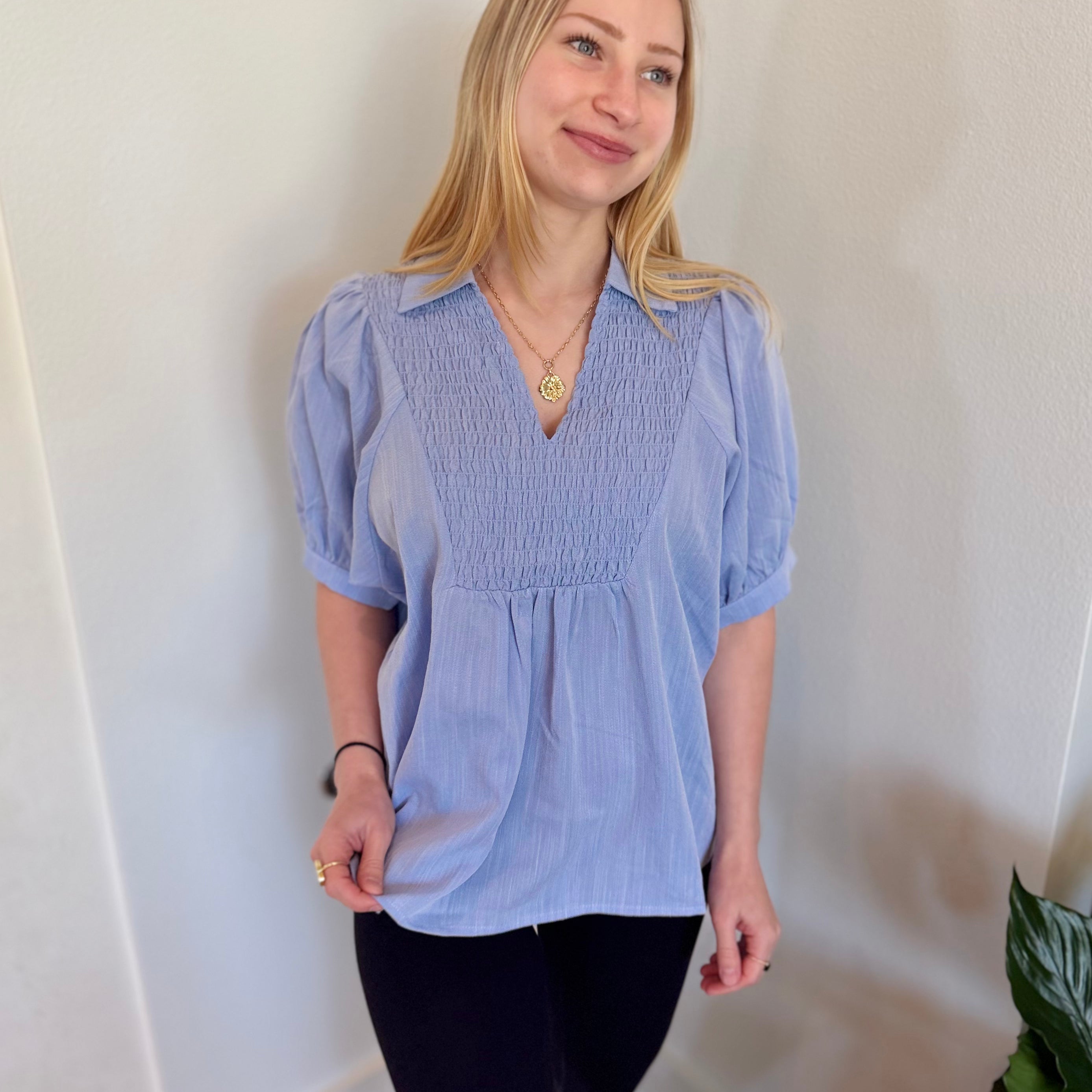 Smocked V-Neck Puff Sleeve Top