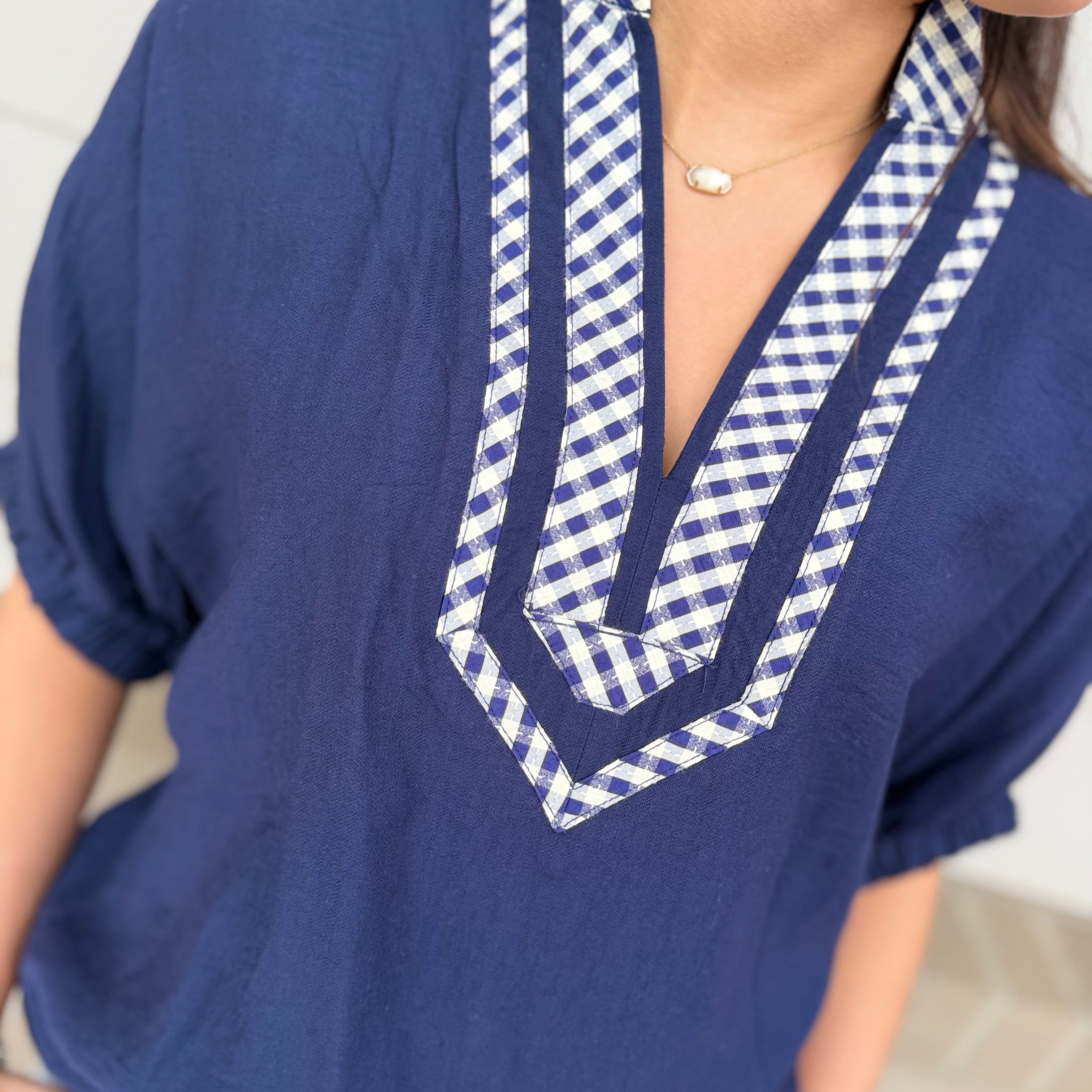 Plaid Trim V-Neck Dolman Top