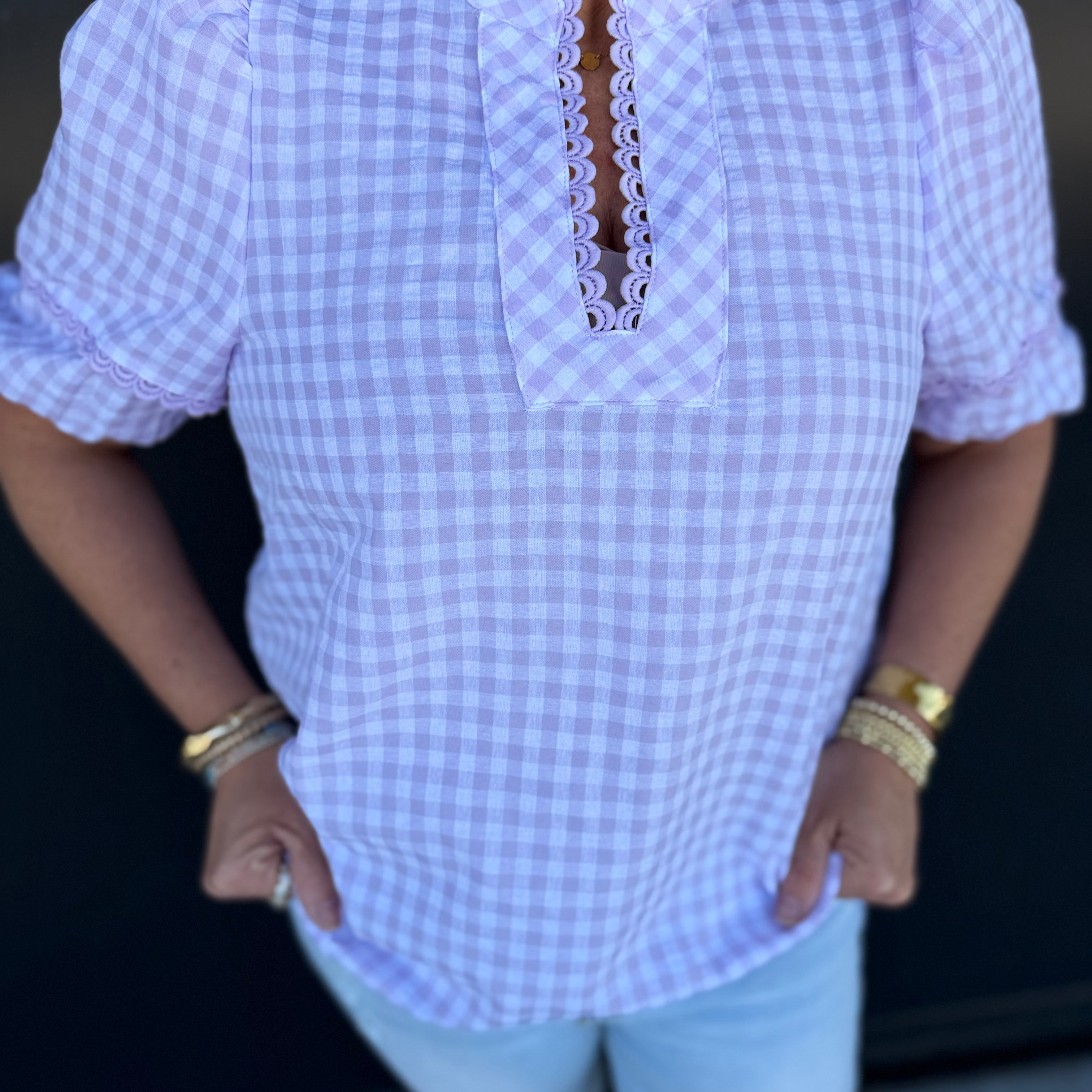 Gingham Puff Sleeve Top with Pico Edge Trim