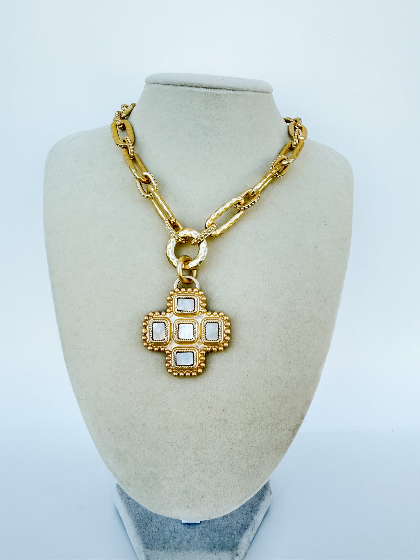 14K plated Mother of Pearl cross necklace