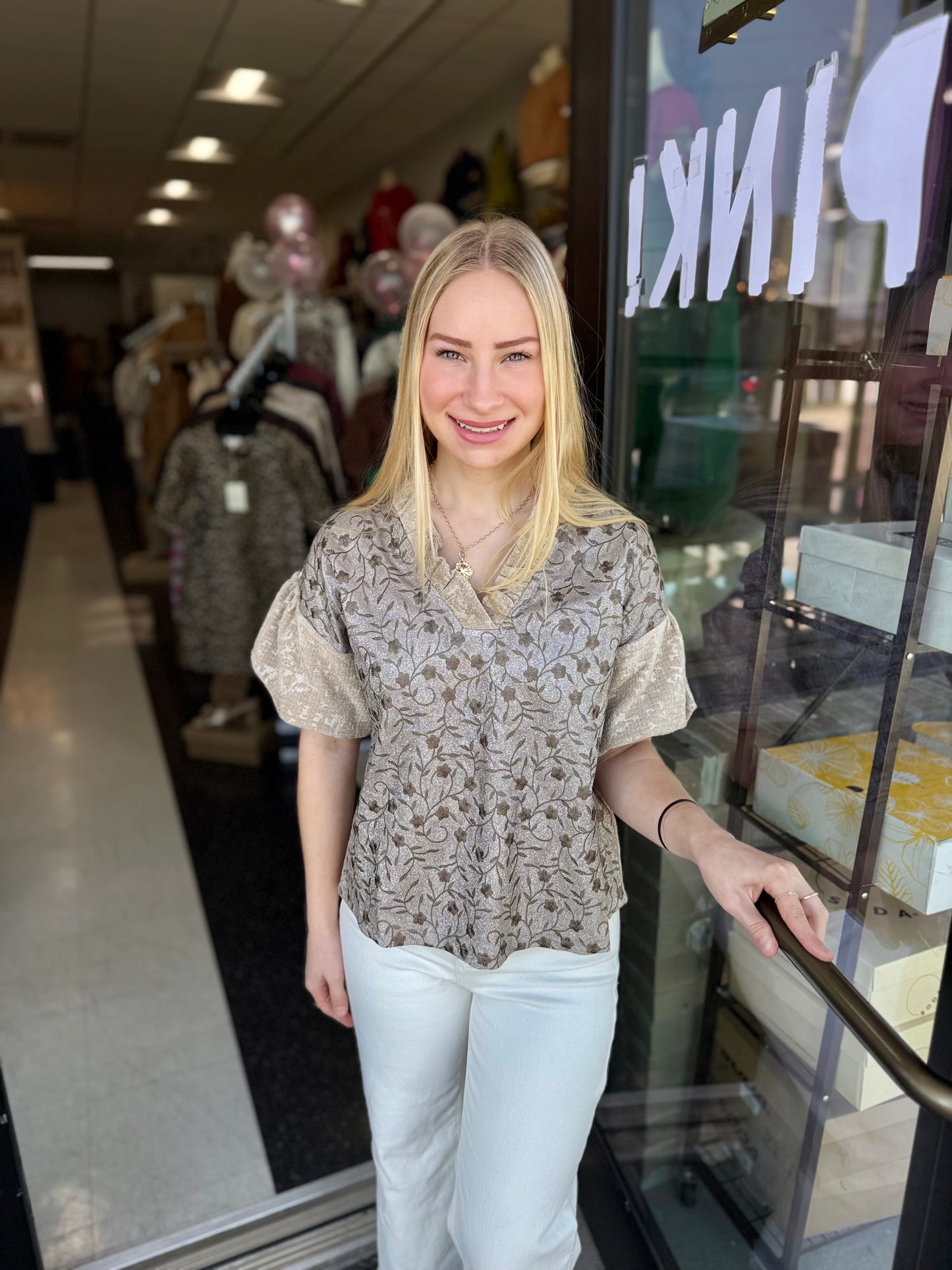 Taupe Sparkle Floral Velvet Top