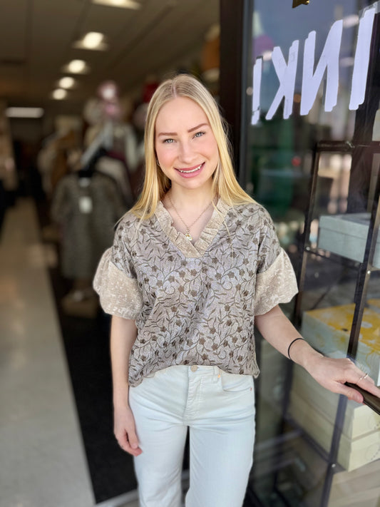 Taupe Sparkle Floral Velvet Top