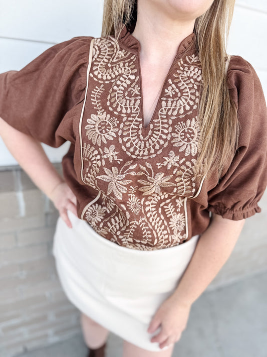 The Sedona Embroidered Peasant Top 🤎
