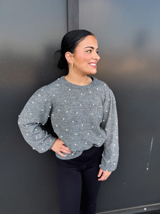 Grey Pearled Detail Sweater Top