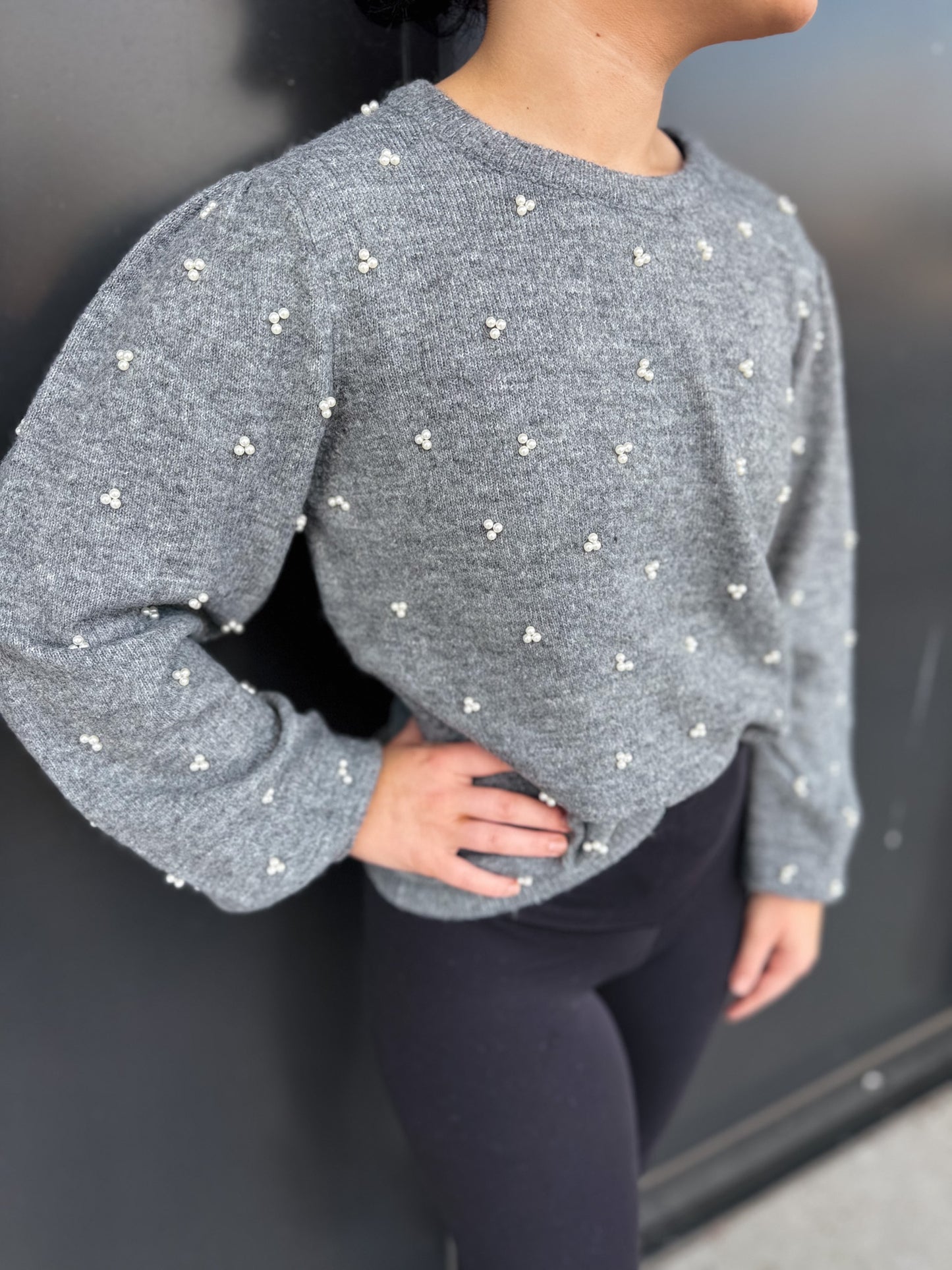 Grey Pearled Detail Sweater Top