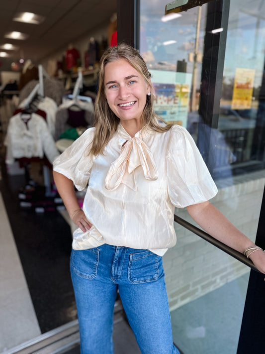 The Cream Puff Sleeve Bow Top