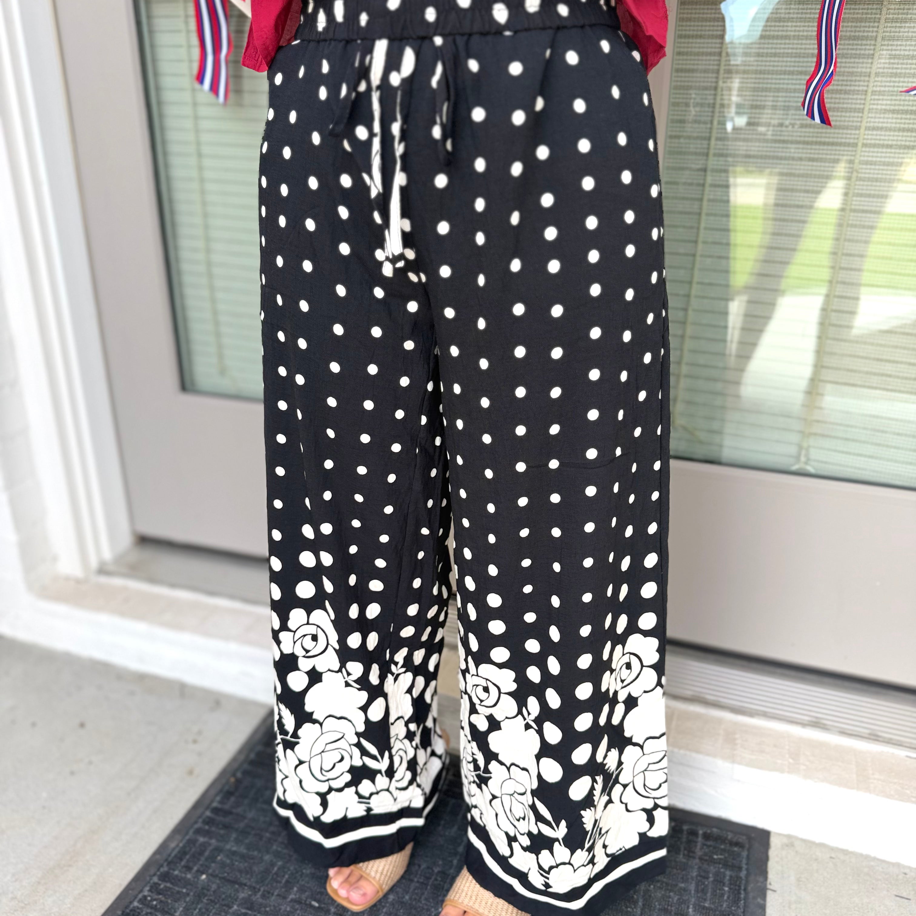 Polka Dot Floral Border Wide Leg Pants