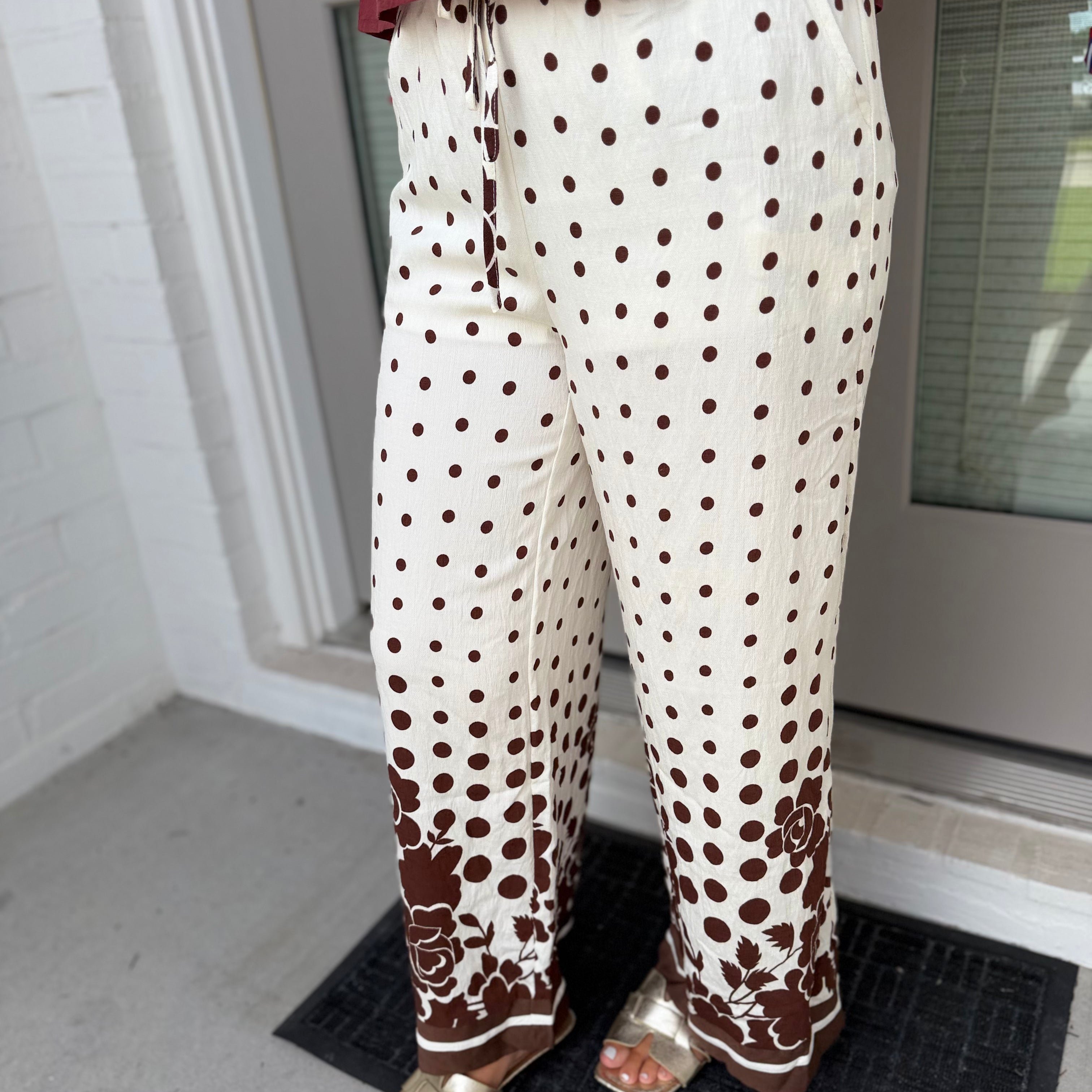 Polka Dot Floral Border Wide Leg Pants